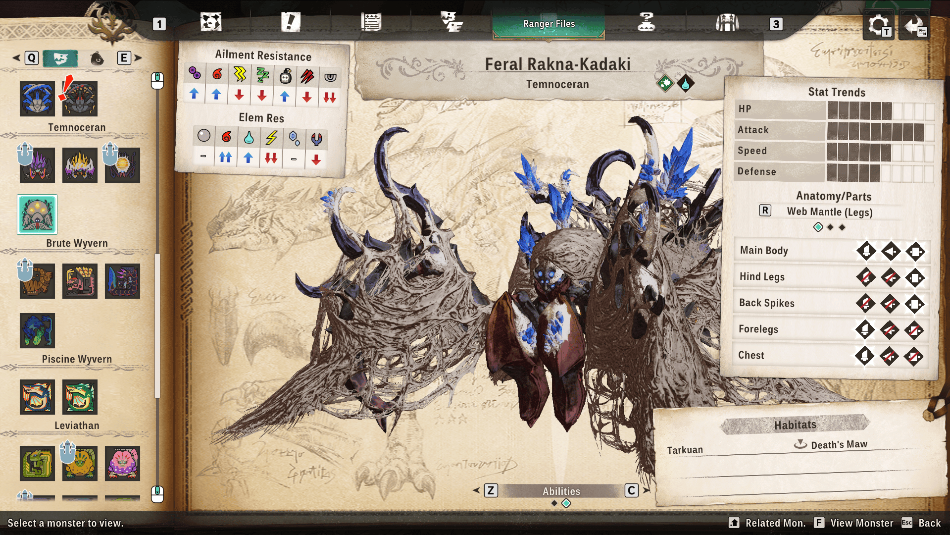 Screenshot from Monster Hunter Stories 3, showing a bestiary-style entry for a Feral Rakna-Kadaki, a large, spider-like monster.
