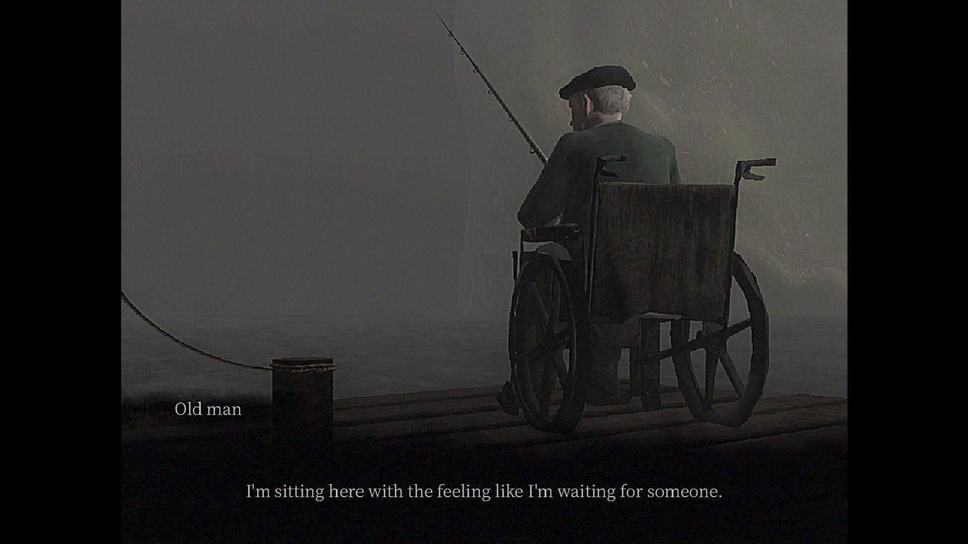 An old man in a wheelchair, fishing. He says: "I'm sitting here with the feeling like I'm waiting for someone."