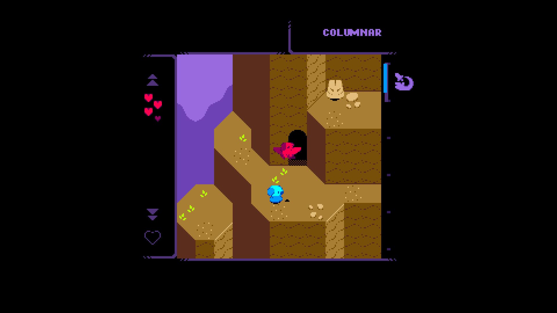 A blue dog on top of a mountain inside a handheld video game console screen