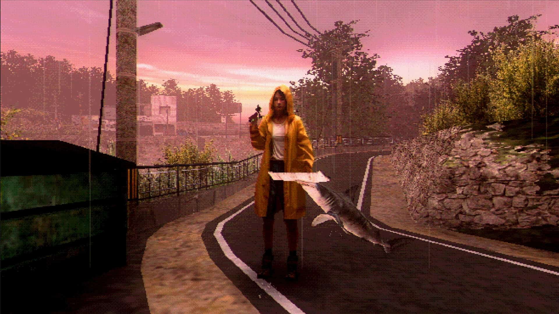 A woman in a yellow raincoat holding a hammerhead shark on the side of a road