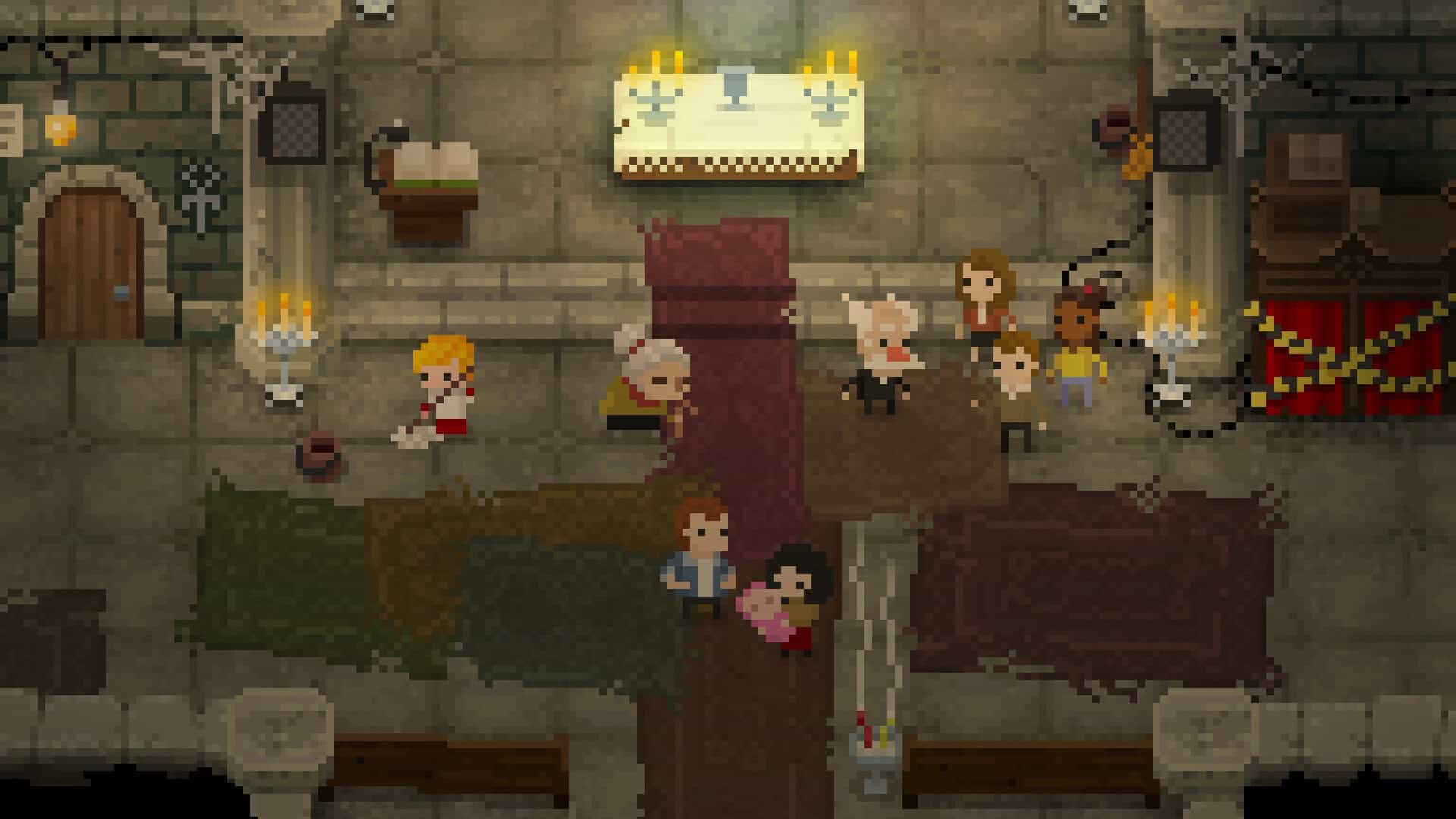 A scene inside a church. The protagonist, a blonde altar boy, is sweeping the floors with a mop.