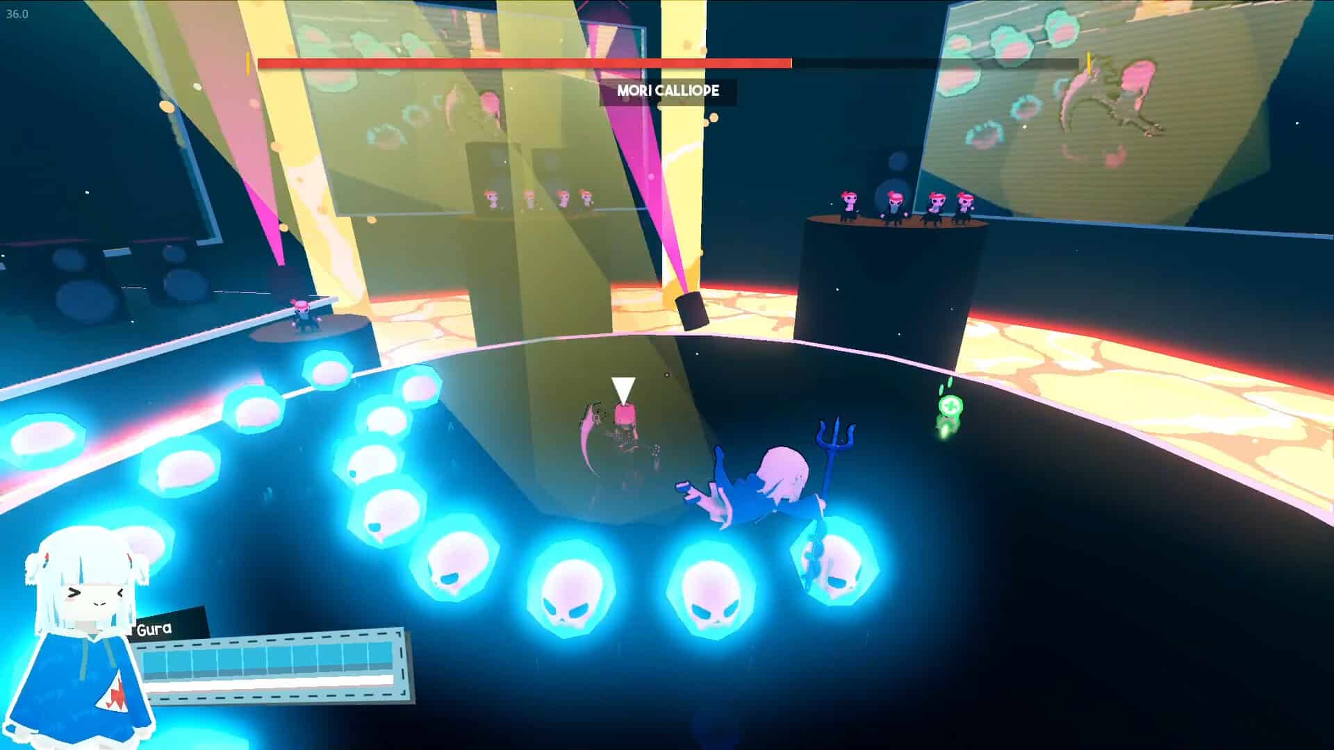 Gawr Gura jumping above skull bullets shot out by Mori Calliope during a boss fight
