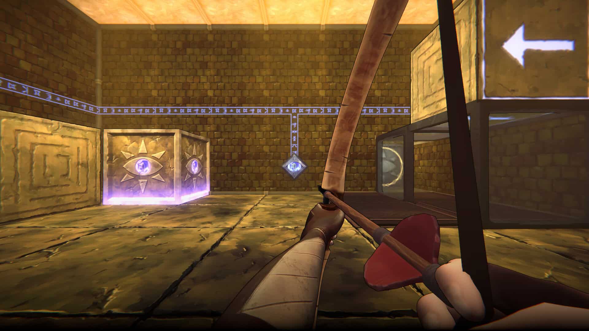 Aiming a bow at a switch, with a box with an eye to the left and a box with a direction arrow pointing left on the top right