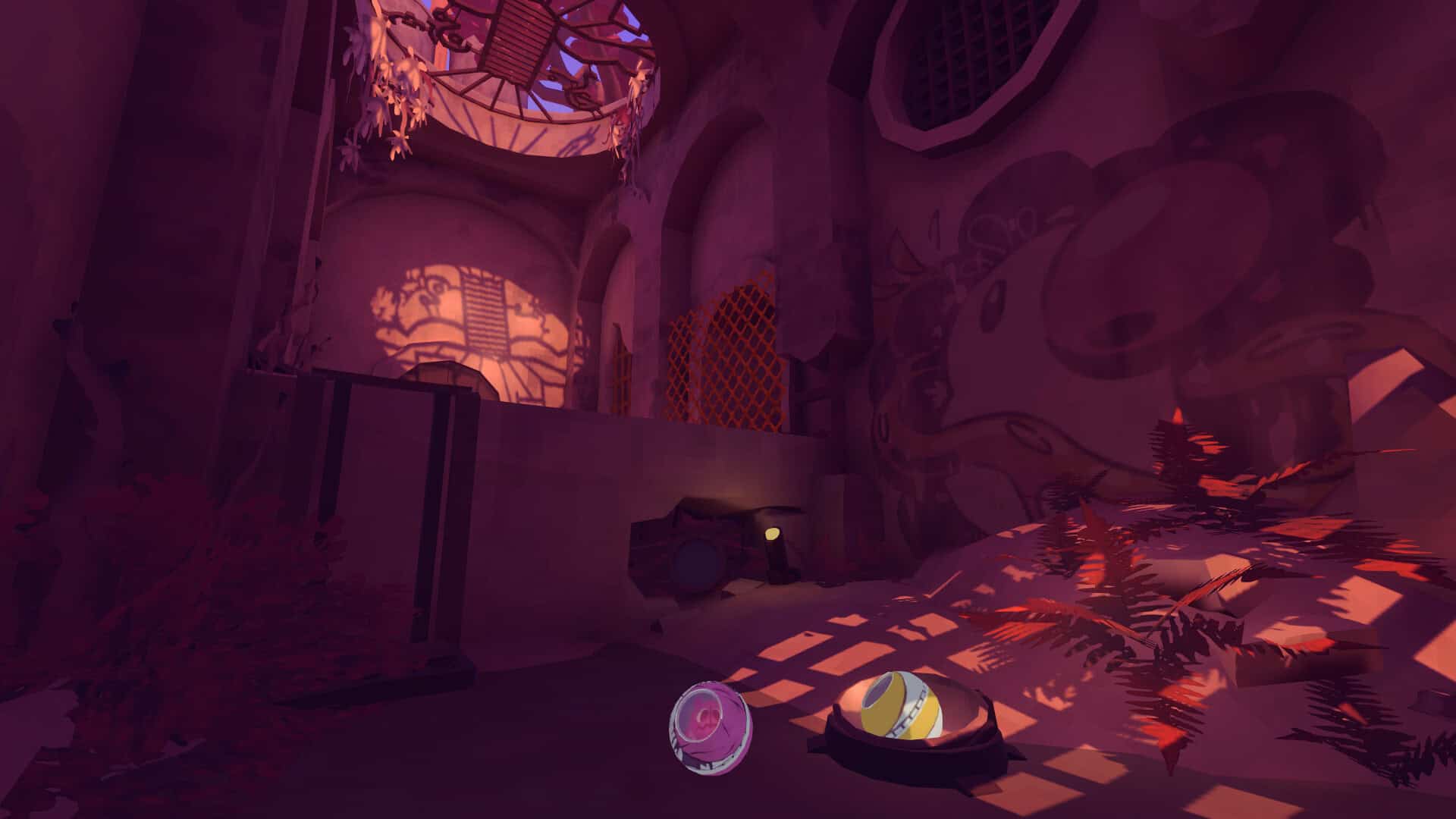 A mysterious room, two colorful balls rolling on the ground