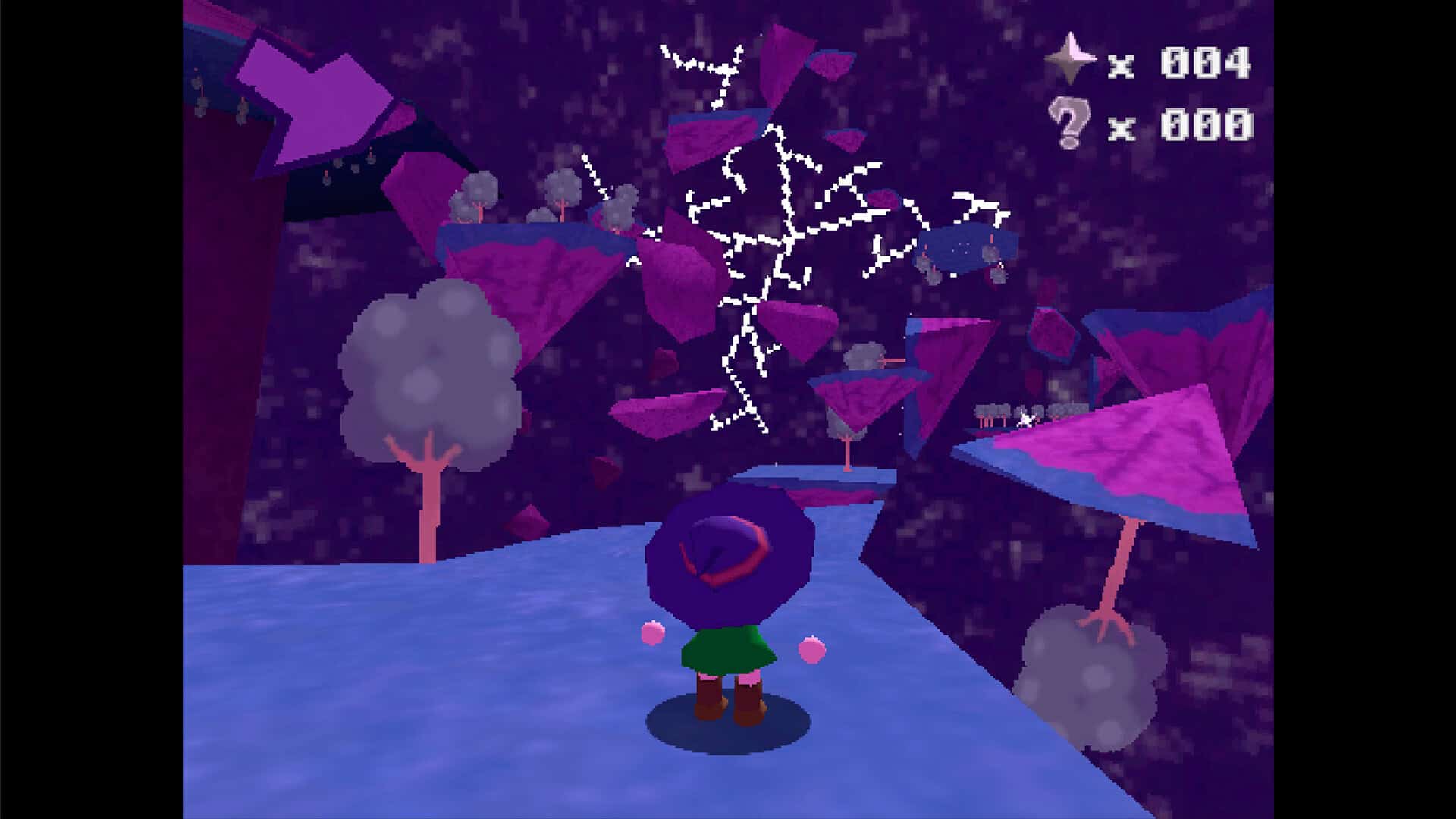 A witch looking at purple depths and a white crack in the world behind them. The platforms are positioned in various directions, some upwards, some to the side, some downwards.