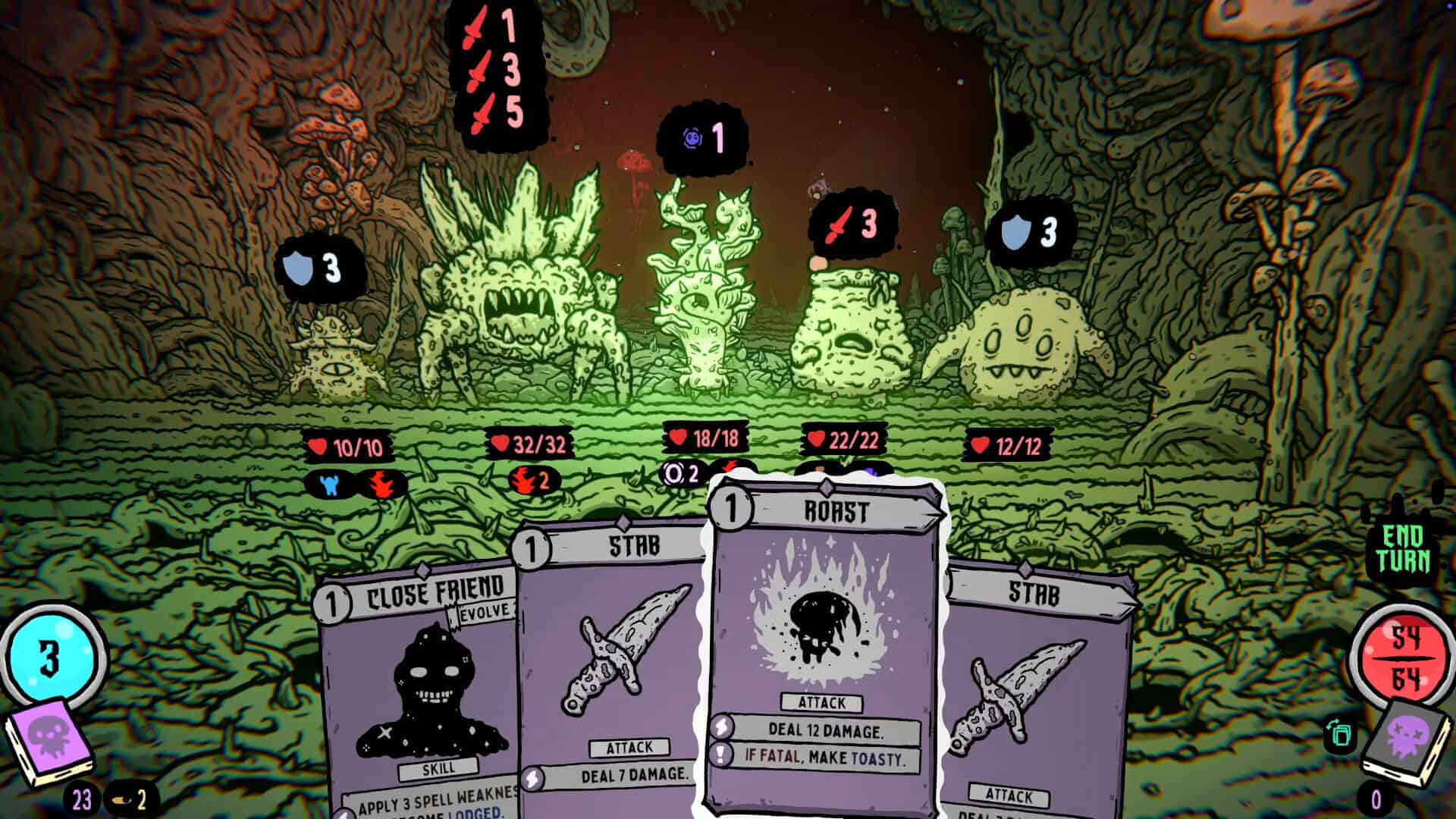 A selection of monsters dealing various amounts of damage, shielding, and with various amounts of health waiting for their turn as the player character picks cards in first-person. Everyone's inside a dungeon with a green and red hue. The floor is covered in spikey vines and the walls have fungus growing on them.