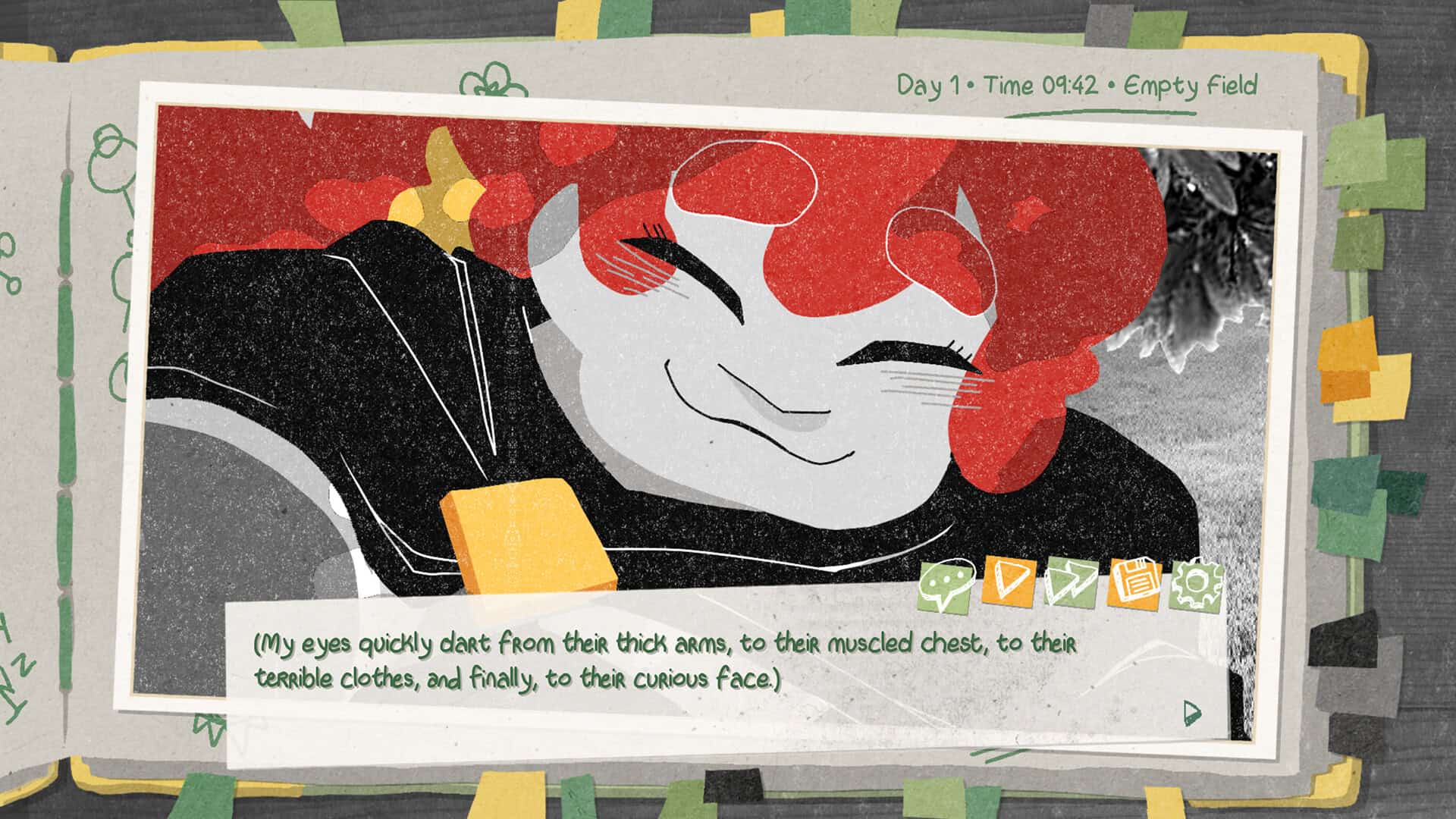 A smiling redhead Amour. Text underneath reads: "(My eyes quickly dart from their thick arms, to their muscled chest, to their terrible clothes, and finally, to their curious face)"