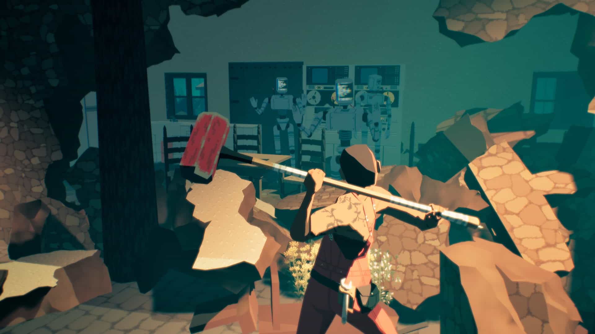 The protagonist preparing to swing a hammer at three robots with TV heads as they push through a destroyed wall