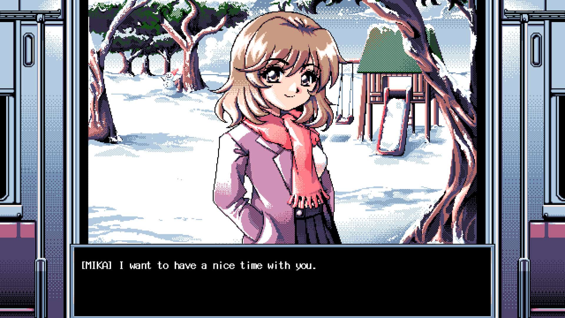 Mika saying she wants to have a nice time with you, standing in front of an open train door, with a snow-covered playground behind her