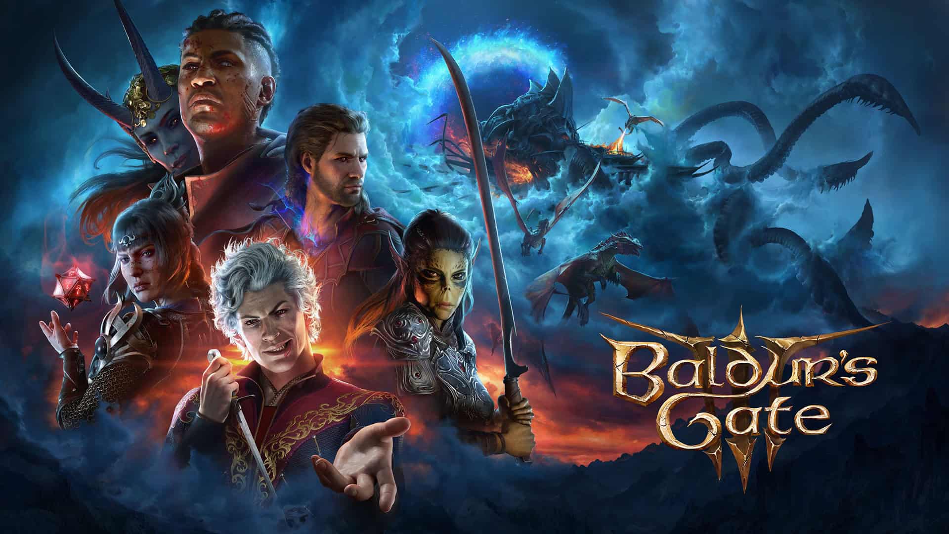 Baldur's Gate 3 Key Art showing the main companions and a dragon chasing a mind flayer ship in the background.