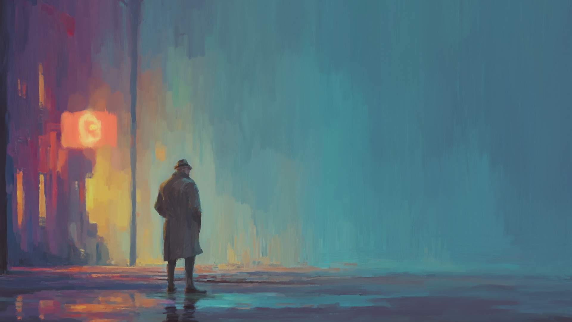 A painting of a man standing on a watery street