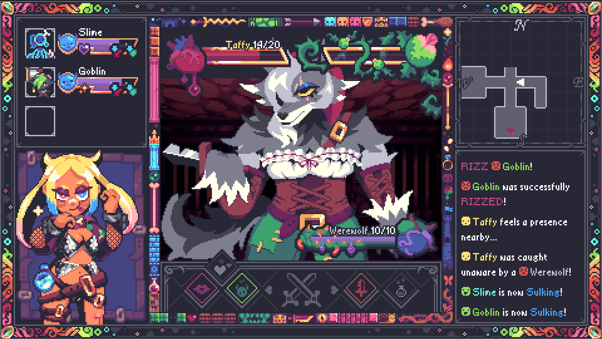 In the bottom right corner of a battle interface screen, a small orange demon monster girl in a leather bralette and fishnets with long blonde pigtails makes a flirty face with her tongue sticking out. In the main center window, a large, muscly werewolf lady with an off-the-shoulder peasant top and leather corset stares impassively back. A small chat window in the bottom left shows the history of "moves" in the battle, example "Goblin was successfully RIZZED!"