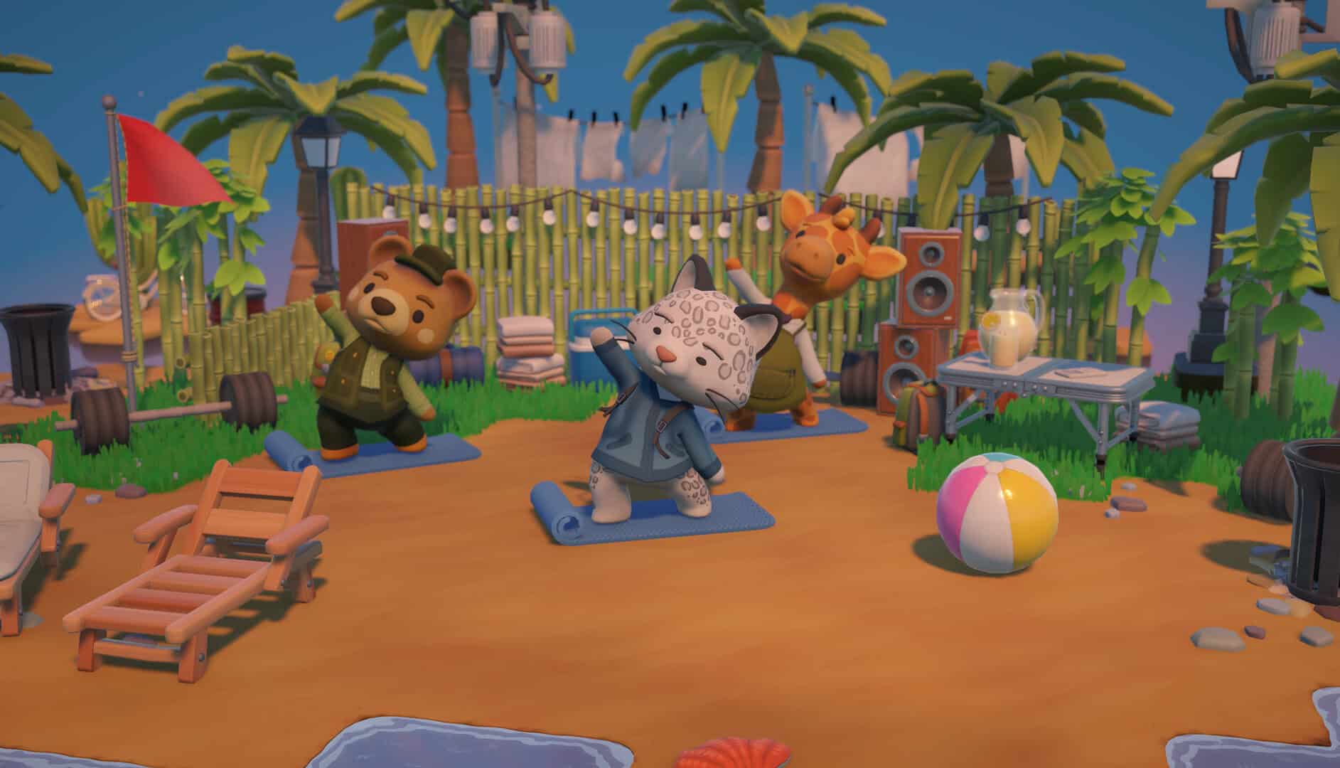 Animals doing yoga at a beach