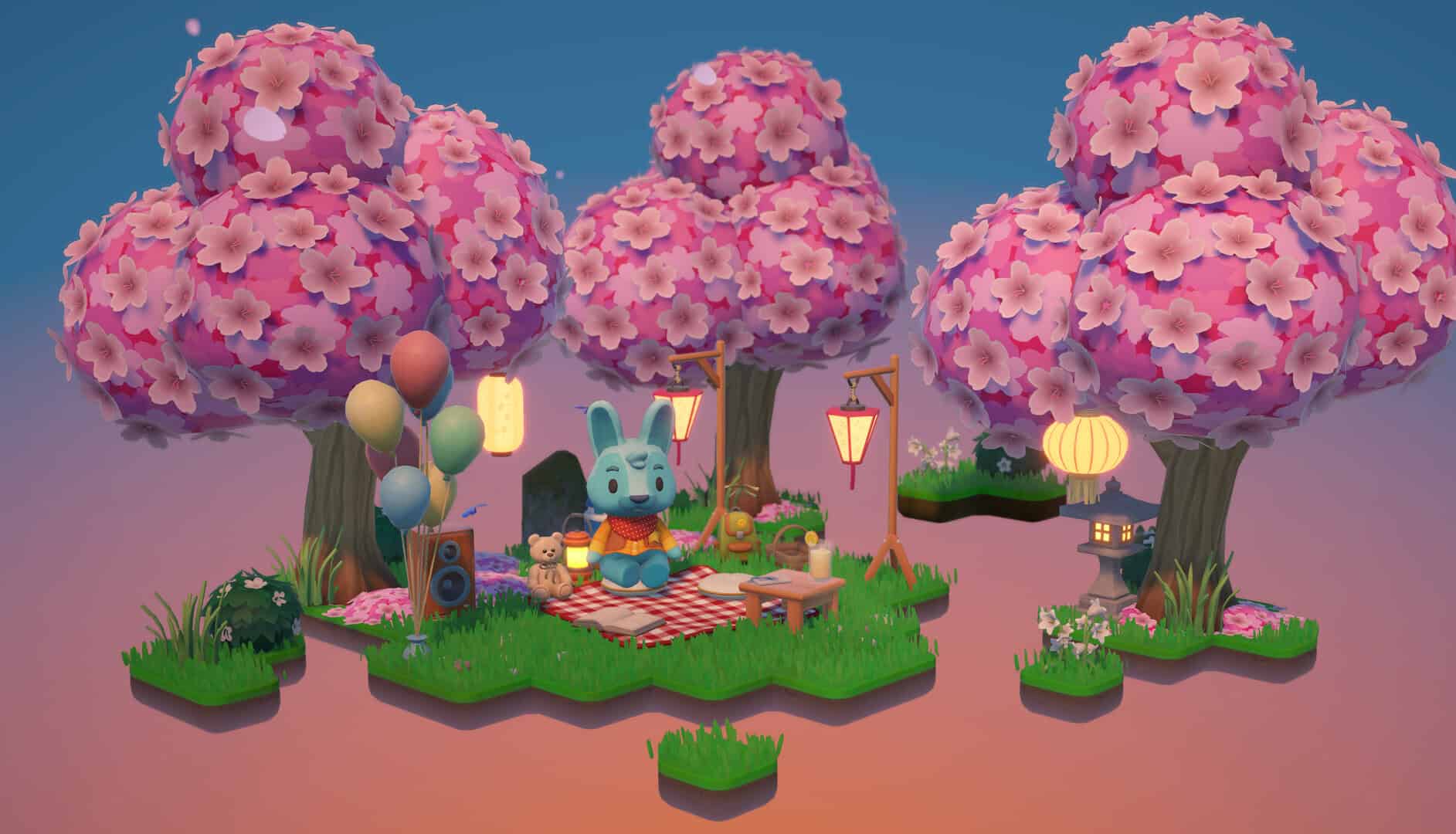 A rabbit sitting at a picnic among cherry trees