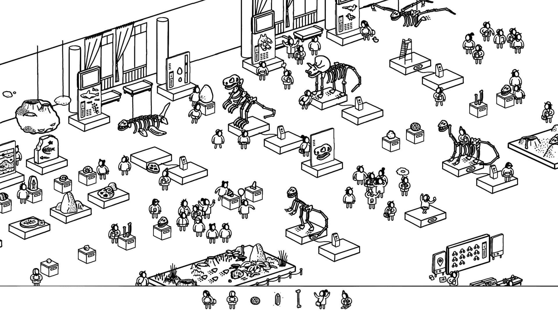 A museum featuring dinosaur bones in Hidden Folks 2