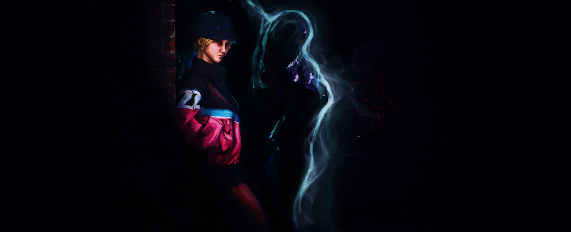Concept art of a character and a much bigger ghost leaning over them
