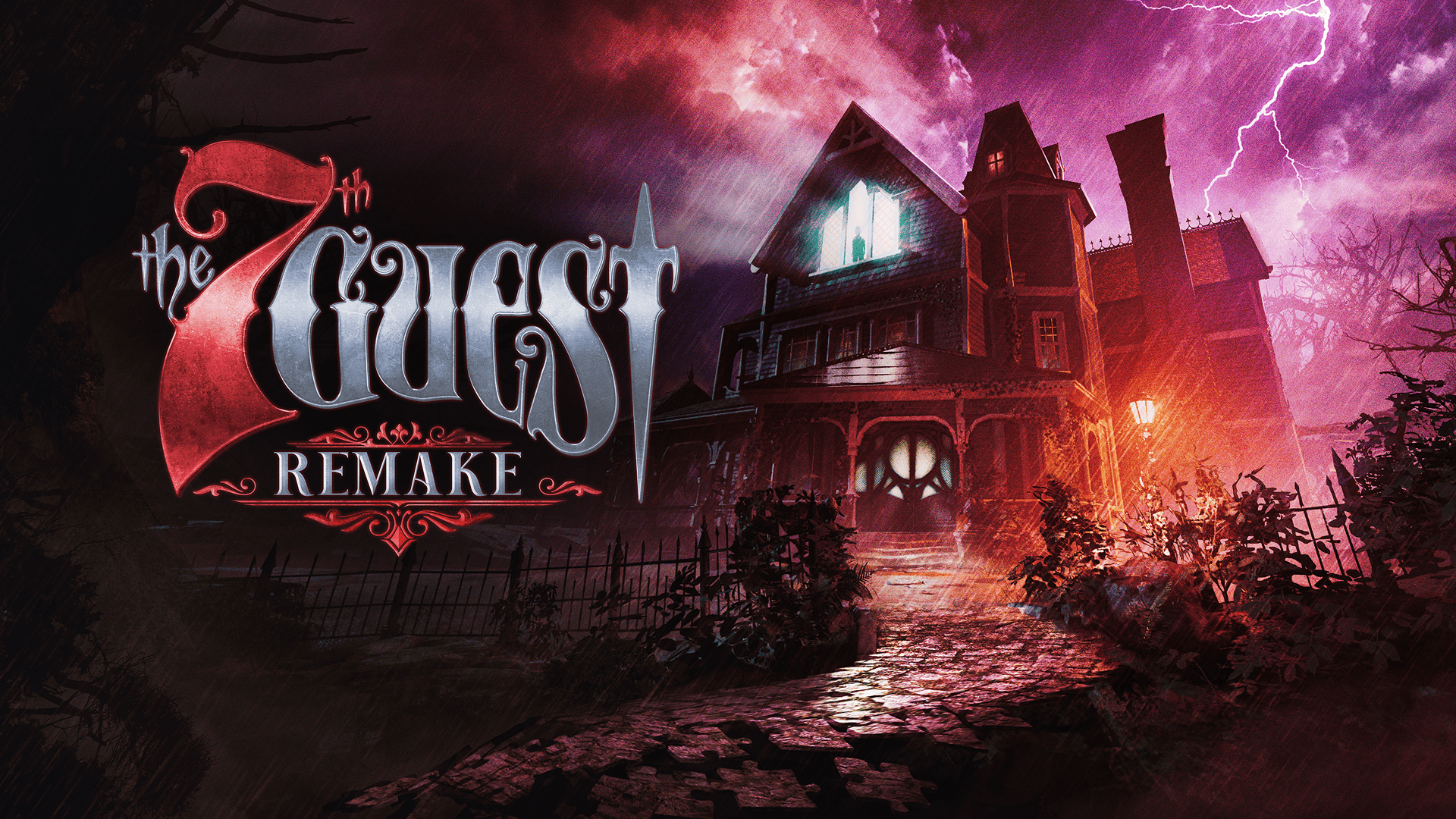 A large victorian mansion looms against a stormy sky, most of its windows are dark but the front door and highest windows glow with an eerie light. The window also has the silhouette of a person watching. The title of the game "The 7th Guest Remake" sits to the left of the mansion in a gothic font.