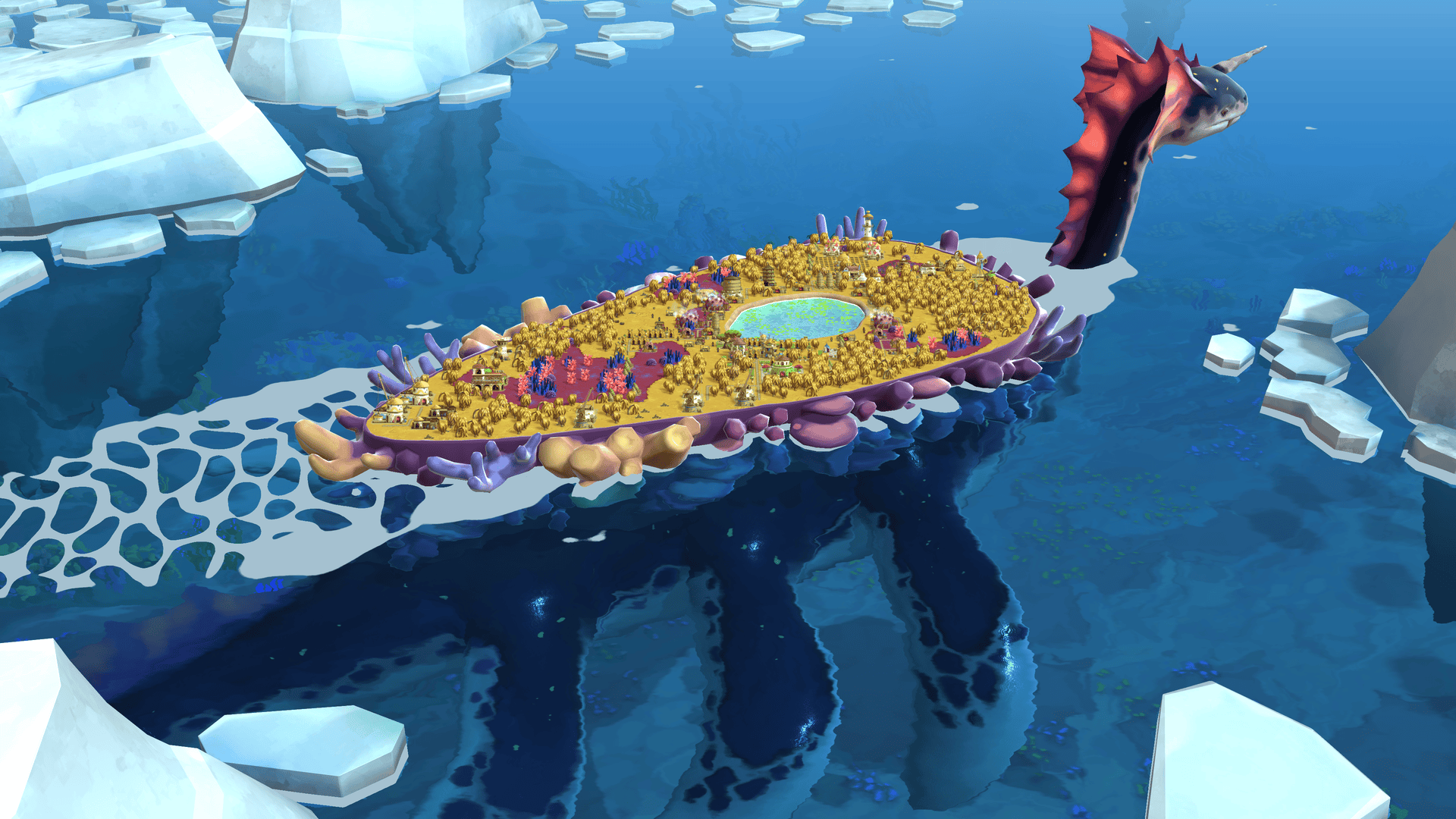 The dark leviathan swimming through icy waters with the city on its back