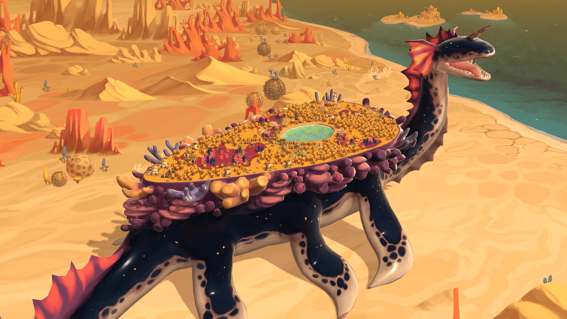 The dark leviathan creature on land, with an open mouth and its tongue lightly sticking out, with a city on its back