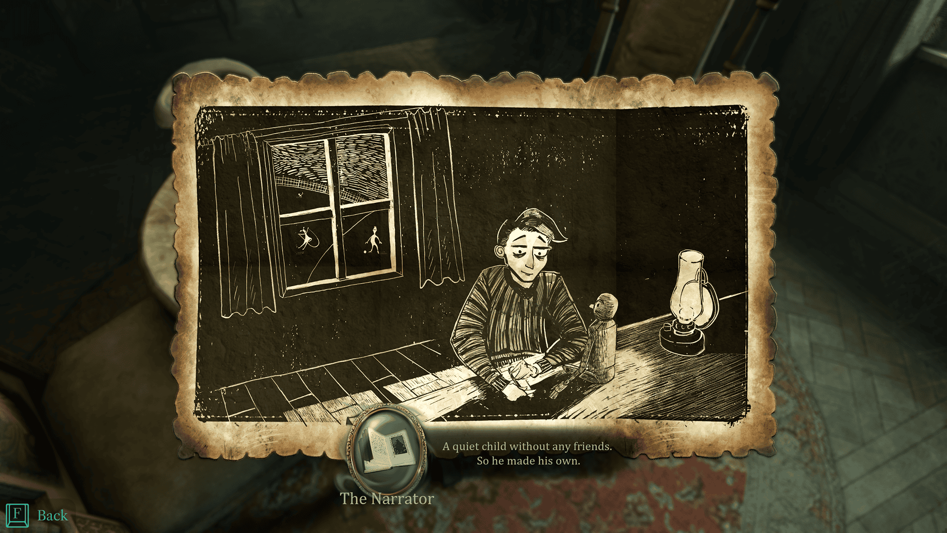 An aged picture postcard with scalloped edges. It shows a woodcut style illustration of a boy alone at a workbench making wooden puppets, while in the background out a window you can see other children playing. A caption below reads "The Narrator: A quiet child without any friends. So he made his own." In the background behind the postcard, a dusty table, hardwood floor, and aged rug are slightly visible. 