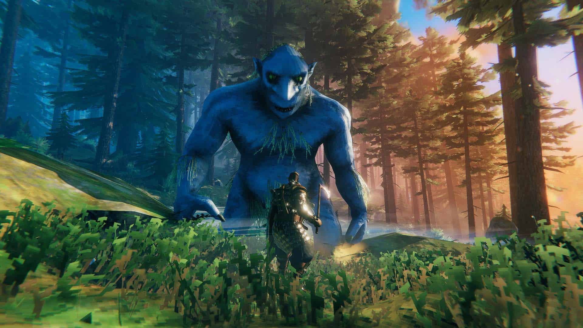 Fighting a giant in Valheim.