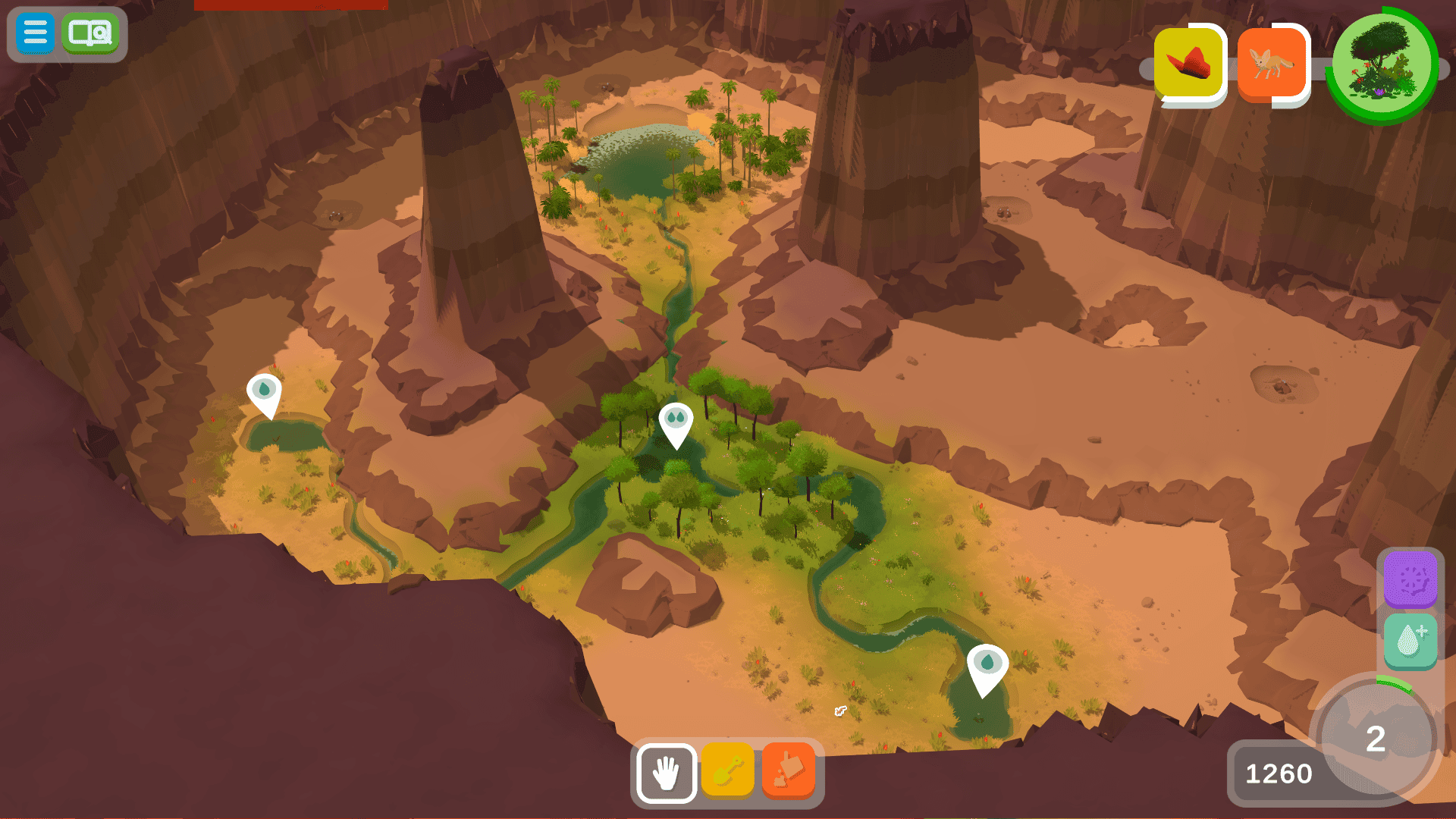 The screen of play in waterful with progress meter at upper right, tools at bottle middle, and the rivers in the middle