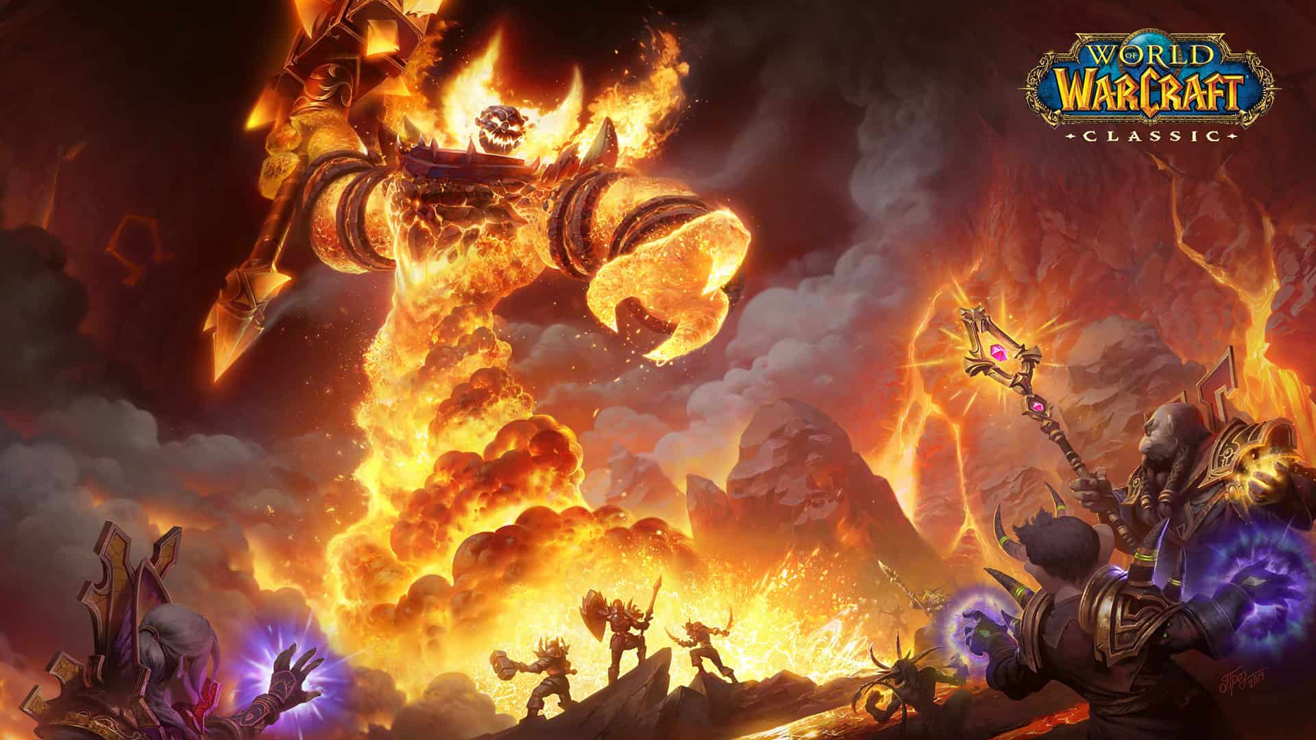 World of Warcraft Classic Keyart showing the large fire elemental Ragnaros fighting a group of characters who look tiny in comparison.