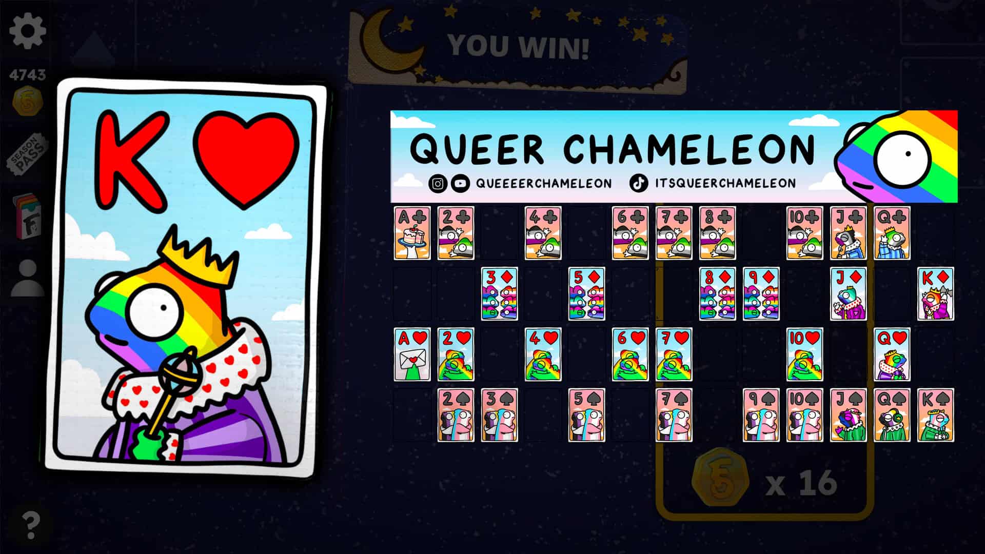 To the left, a large "King of hearts" card showing a cartoon chamelon in rainbow colors wearing a purple king's robe and golden crown. To the left is shown an array of 52 cards in a standard deck, all of a similar chameleon design, with some lit up to indicate that they have already been collected by the player.
