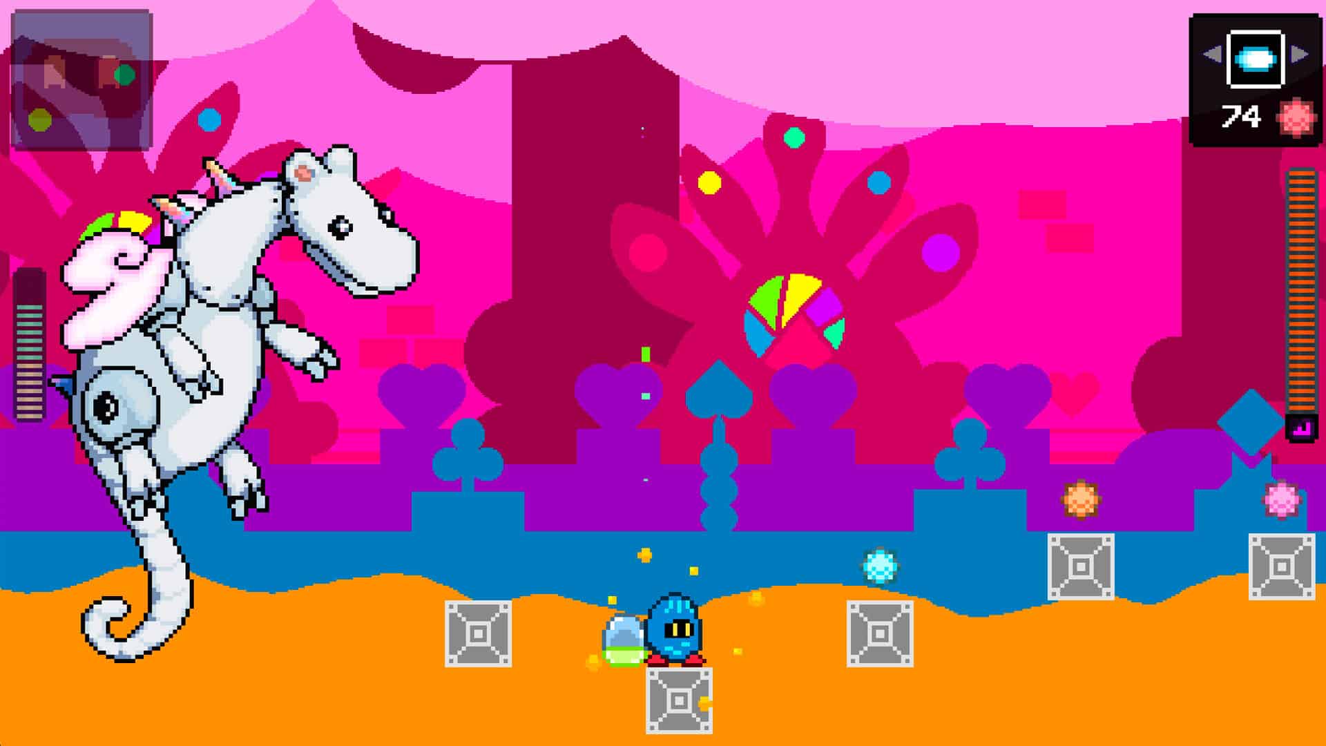 A blue egg-shaped character with yellow eyes and red shoes stands on a battlefield with the level boss, a large, white, friendly looking mechanical dragon.
