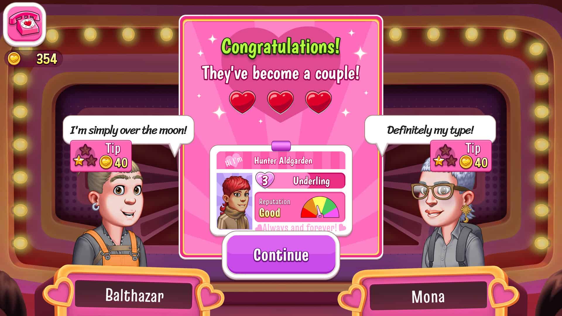 A gameshow style background with two people standing at podiums showing there names. A large pink popup decorated with red hearts in the center of the screen says "Congratulations, they've become a couple!"