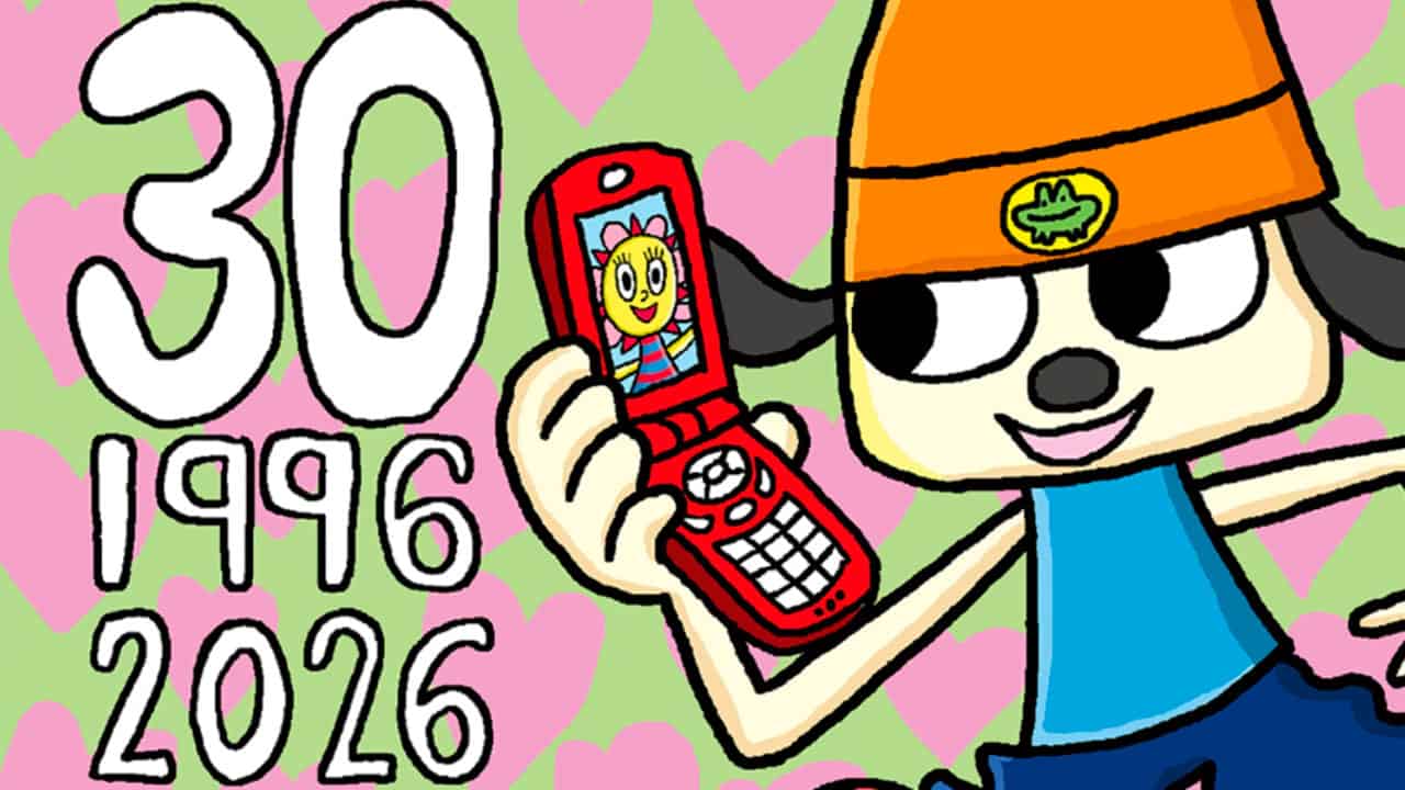 An illustration of PaRappa the Rapper holding a cellphone