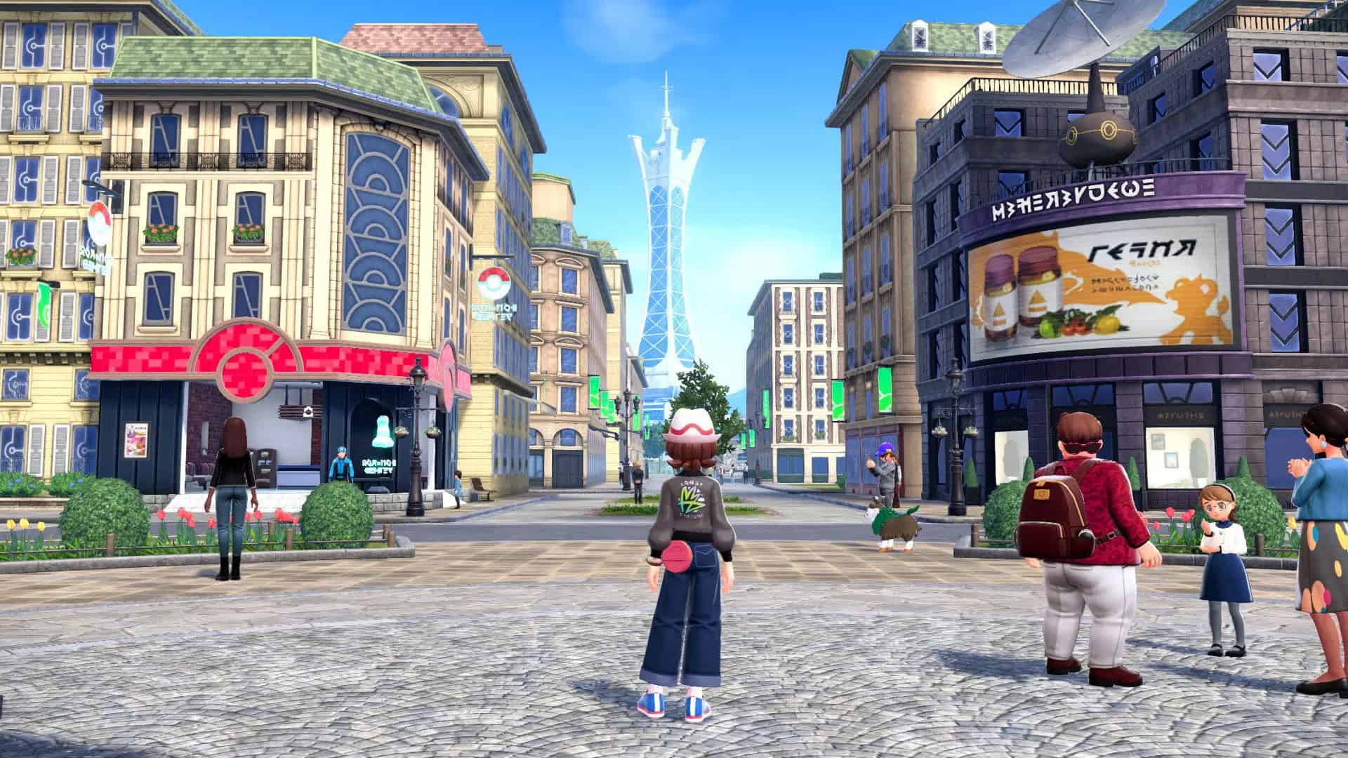 The protagonist standing in front of the city in Pokemon Legends ZA