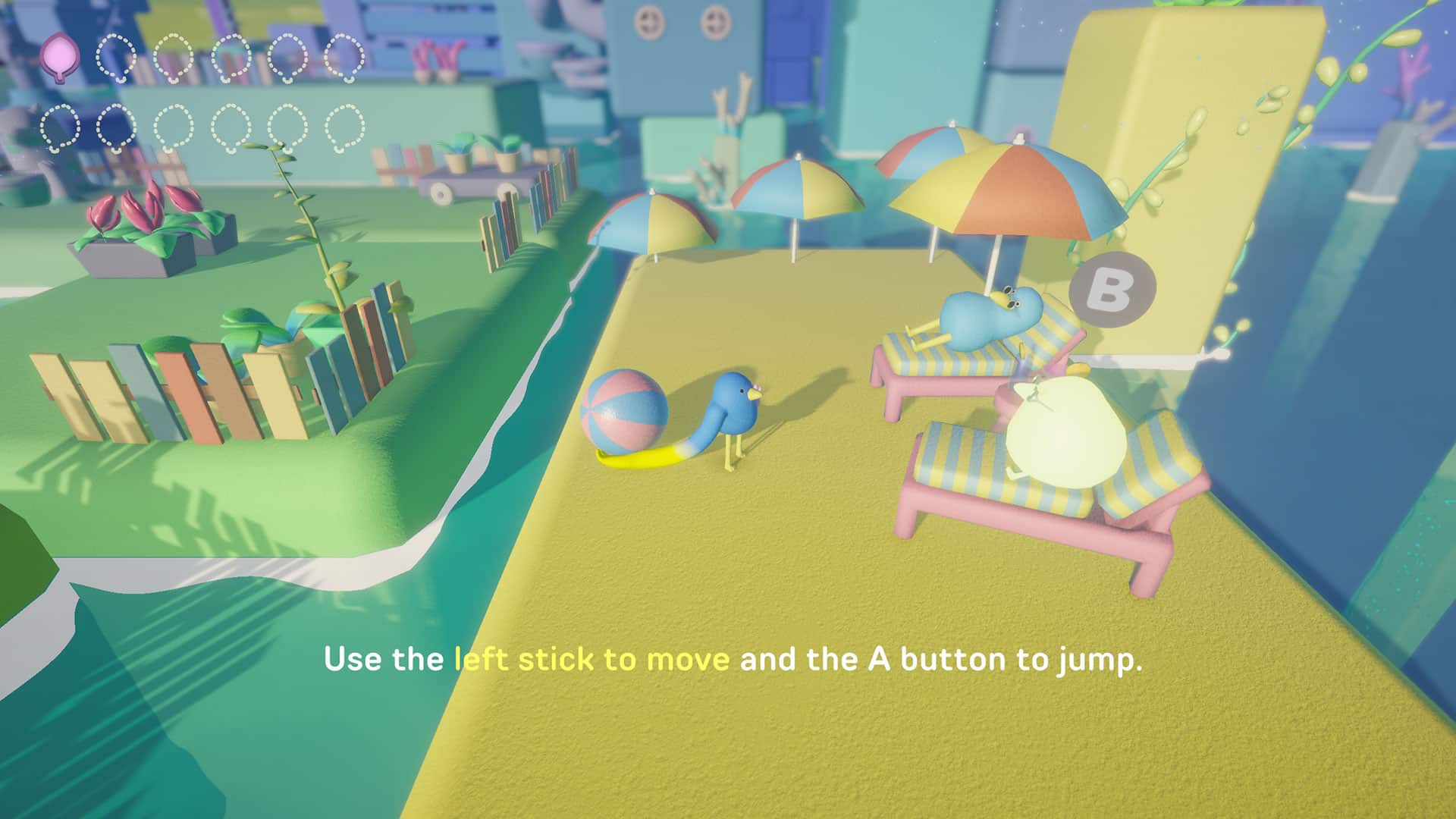 Rubber Bird screenshot, showing the protagonist Rub and a tutorial prompt