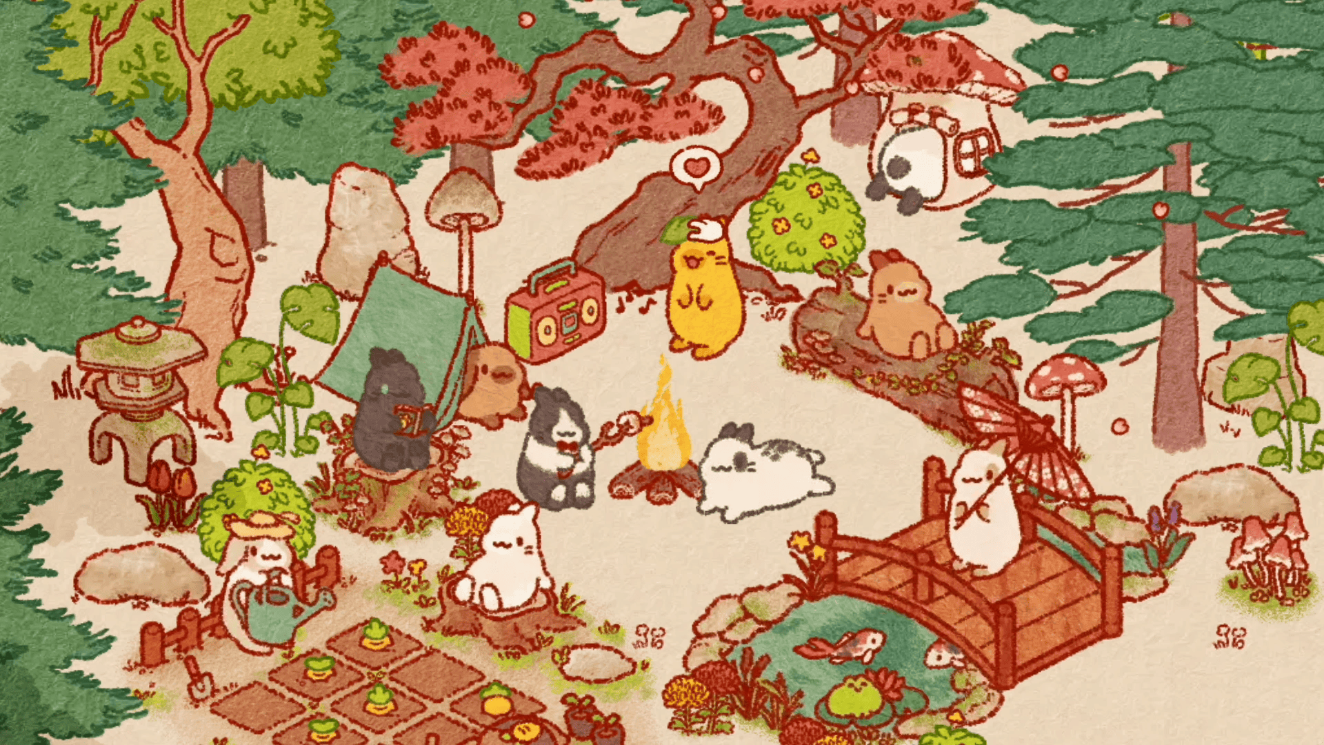 A collection of rabbits near a campfire