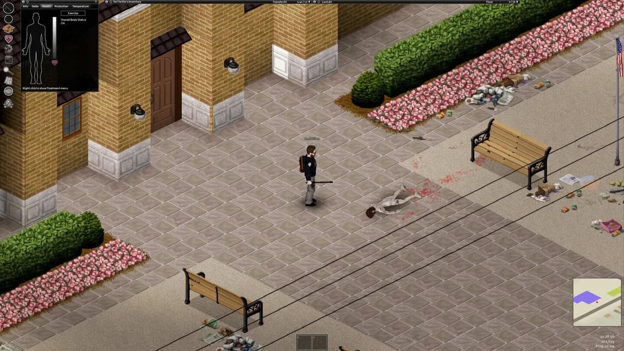 Isometric view of a character holding a melee weapon in a deprecated city. a killed zombie is on the ground in front of him.