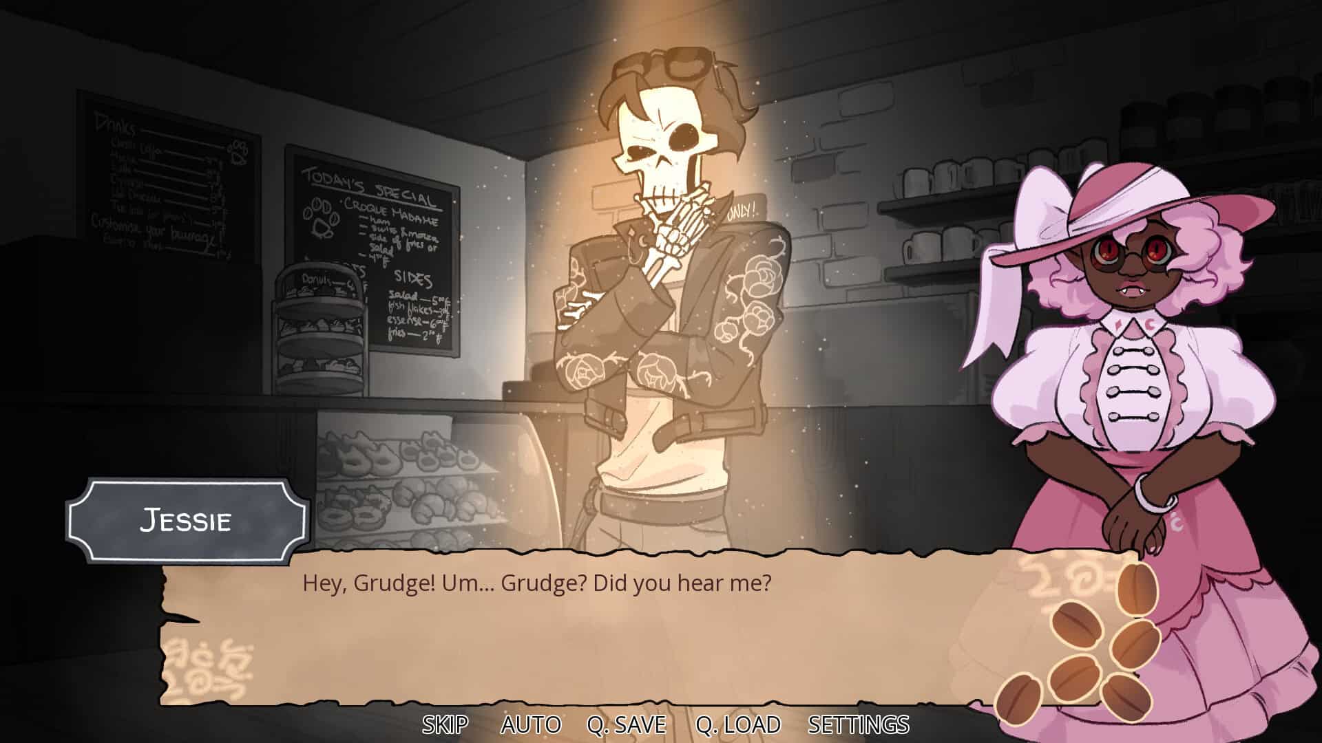 A skeleton with greaser hair and leather jacket stands in a spotlight against the background of a darkened cafe. To his left, a vampire with dark brown skin, pink hair, wearing a pink frilly outfit and hat and round black glasses waits with her hands folded neatly. The skeleton's dialogue box says: "Jessie: Hey Grudge! Um, Grudge... can you hear me?"