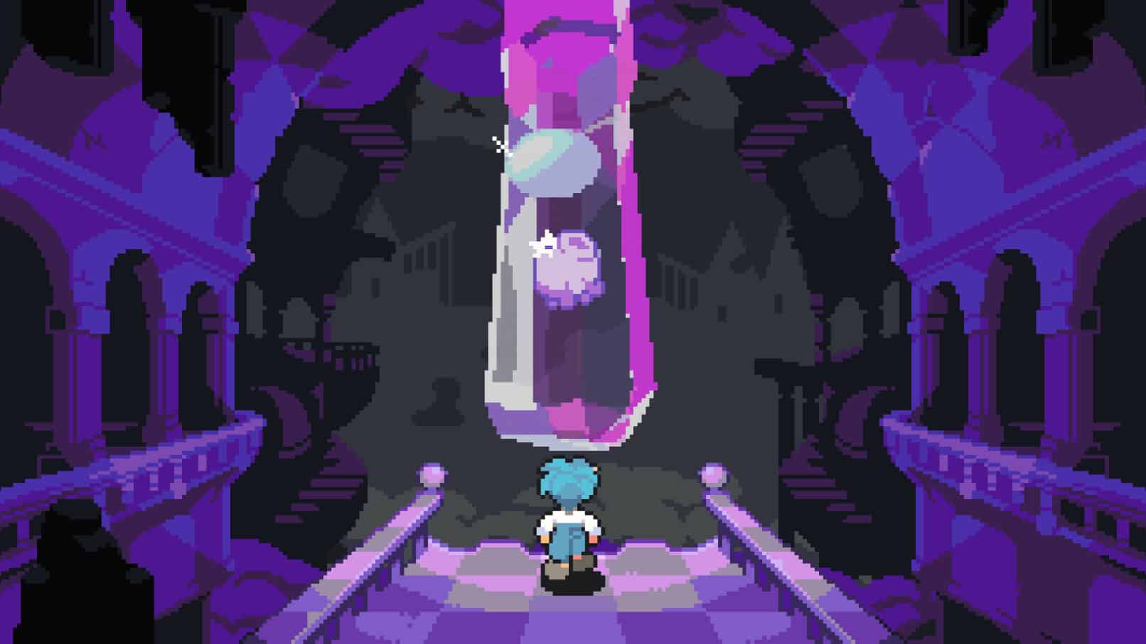 A blue haired protagonist stands before a lit clear column in a decaying ruin. Inside the column floats a blobby octopus.