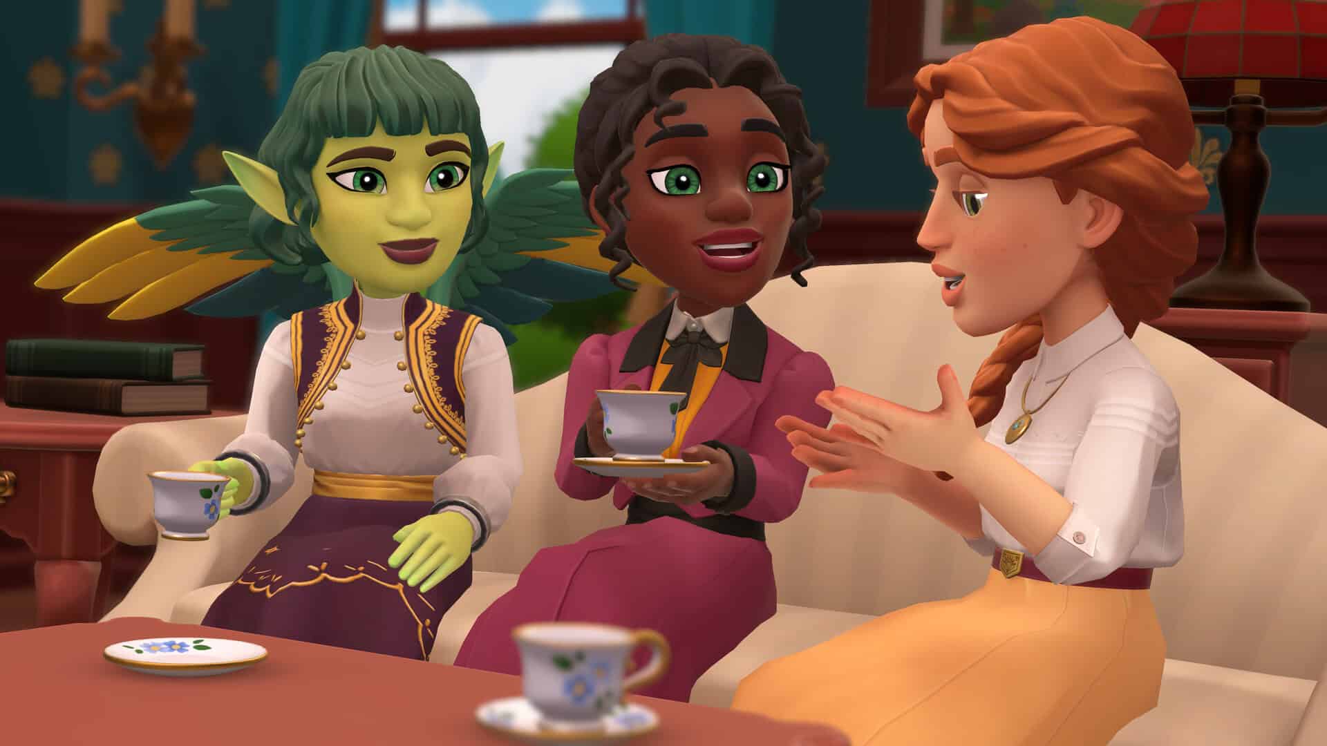 Two humans and one orc, all in period clothing reminiscent of Victorian or Edwardian, sit together on a sofa with teacups and talking animatedly.