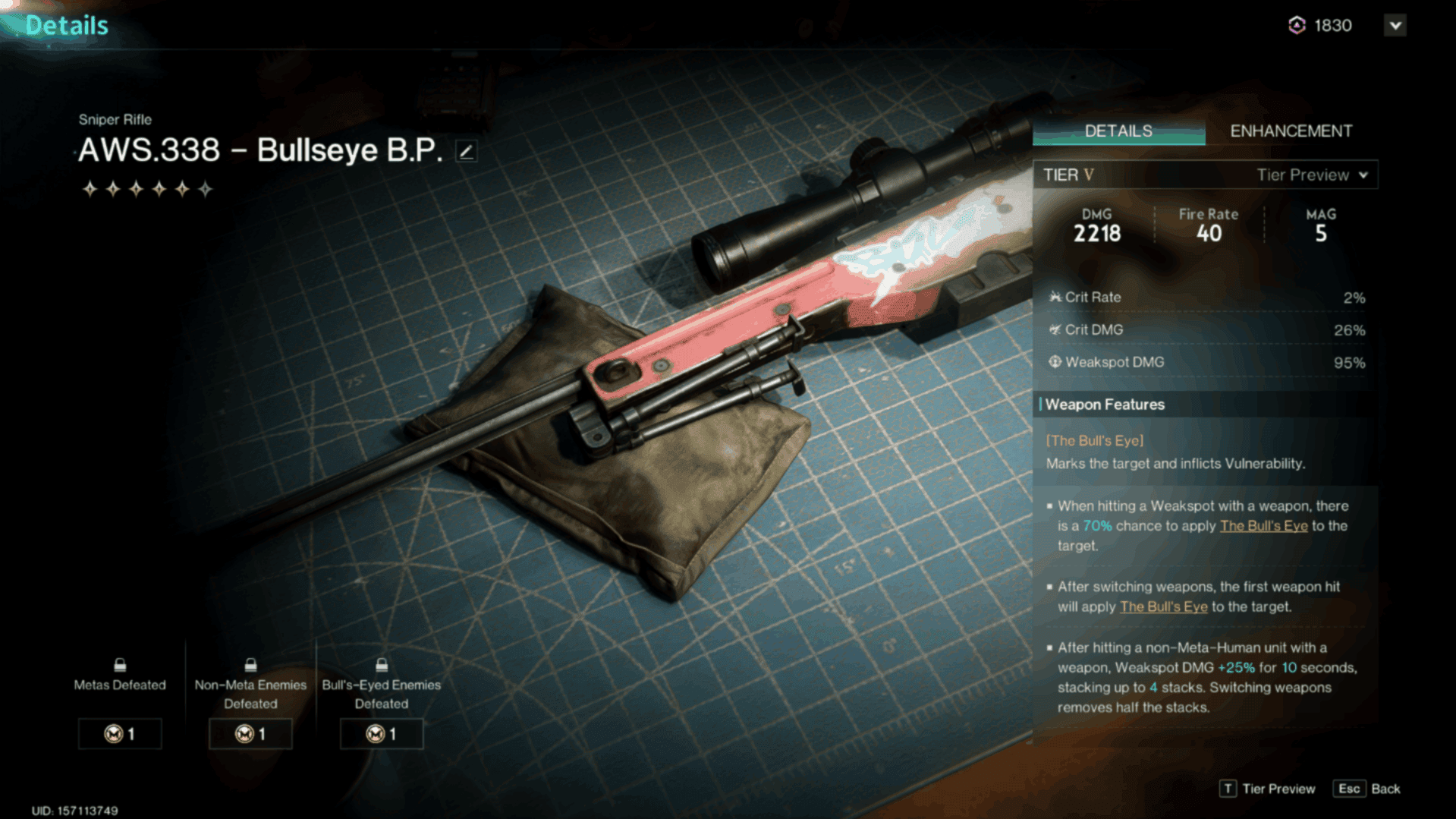 A screenshot of the AWS.338 Bullseye from Once Human.