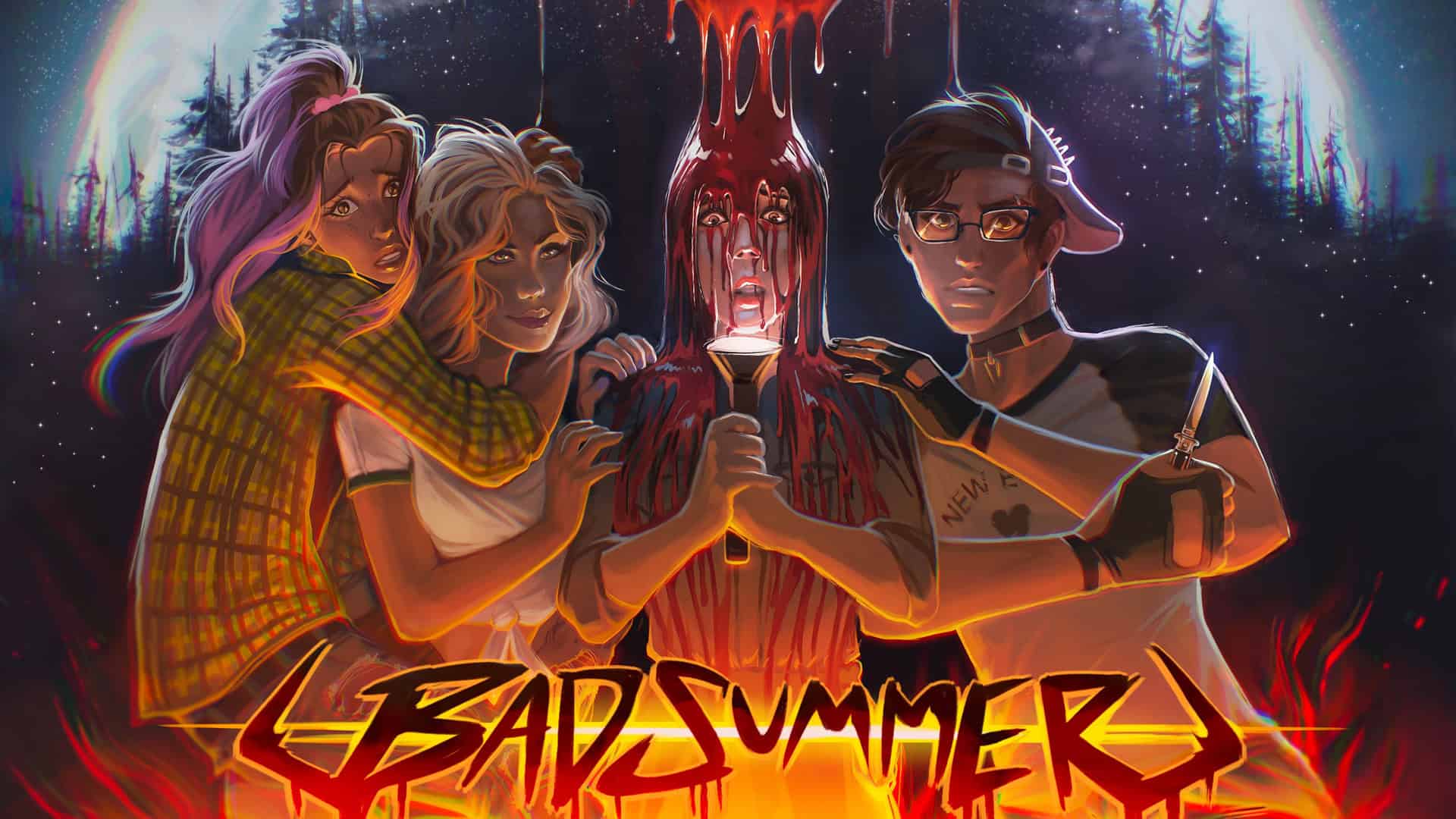 four camp counselors huddle together with a dark forest in the background and a full moon shining through the trees. one counselor holds a flashlight to her chin as if telling a scary story as blood pours from an unknown source onto her head and down her cheeks. The title "Bad Summer" is across the bottom of the image.