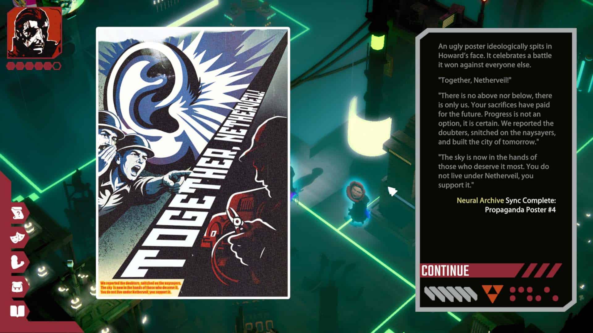 Reading a poster in Celestial Return.