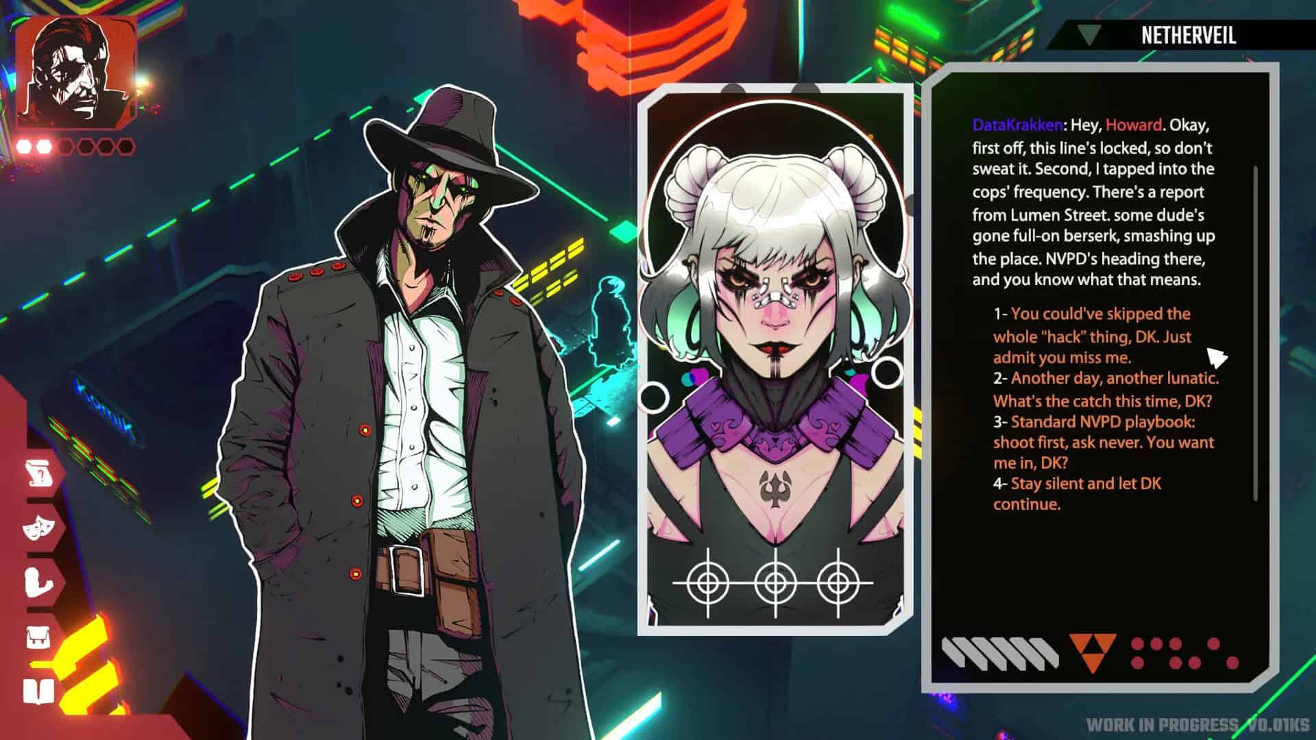 A man in a noir outfit talks to a woman with dialogue choices.