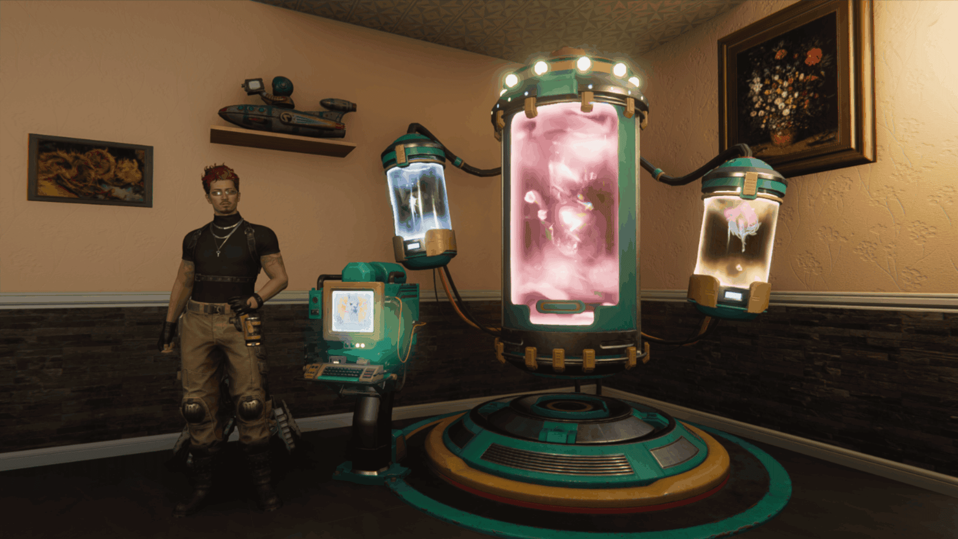 A deviation fusion pod with a player standing in front of it in Once Human.