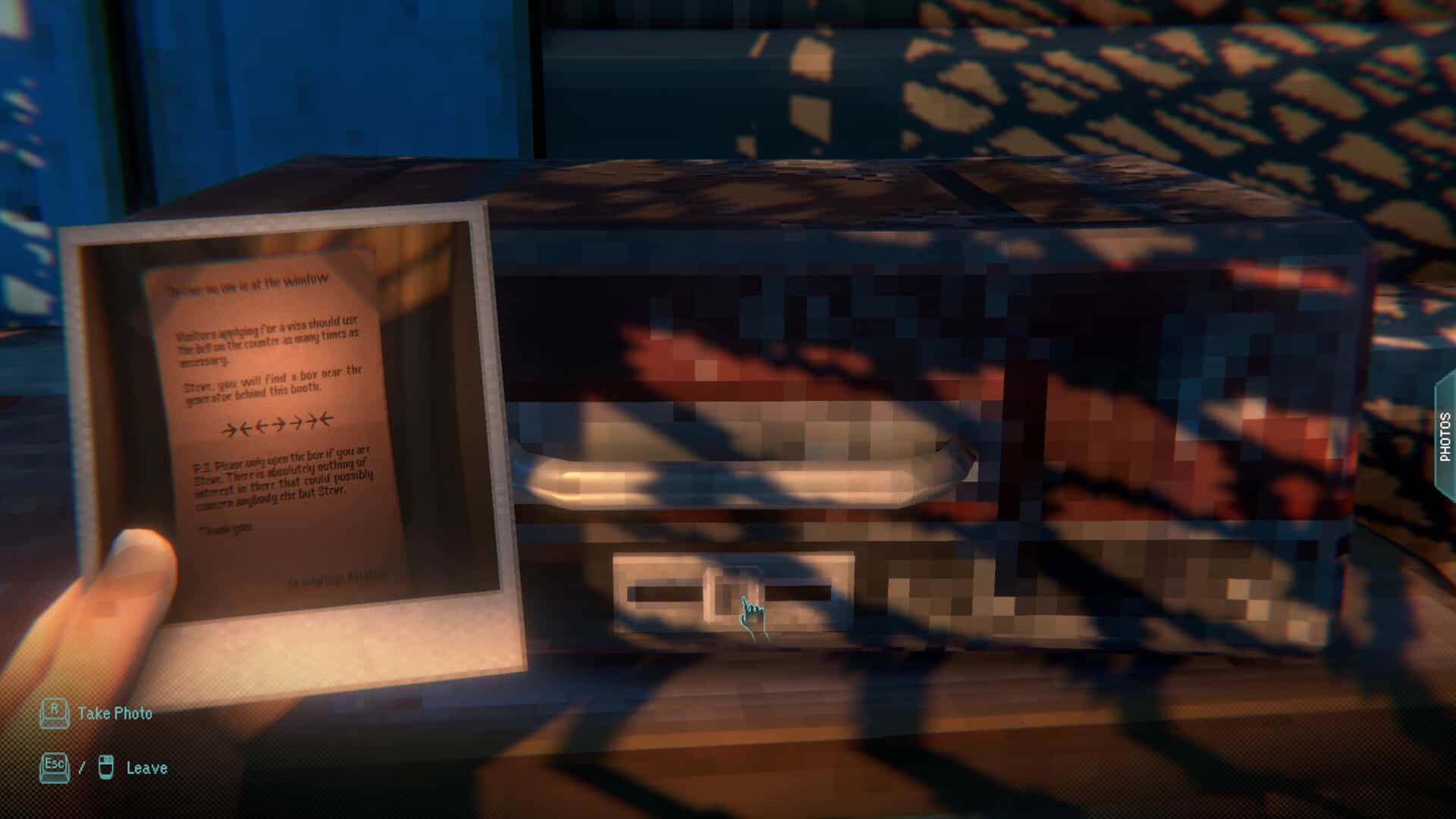 A screenshot of Emily holding up a polaroid image in Dimhaven.