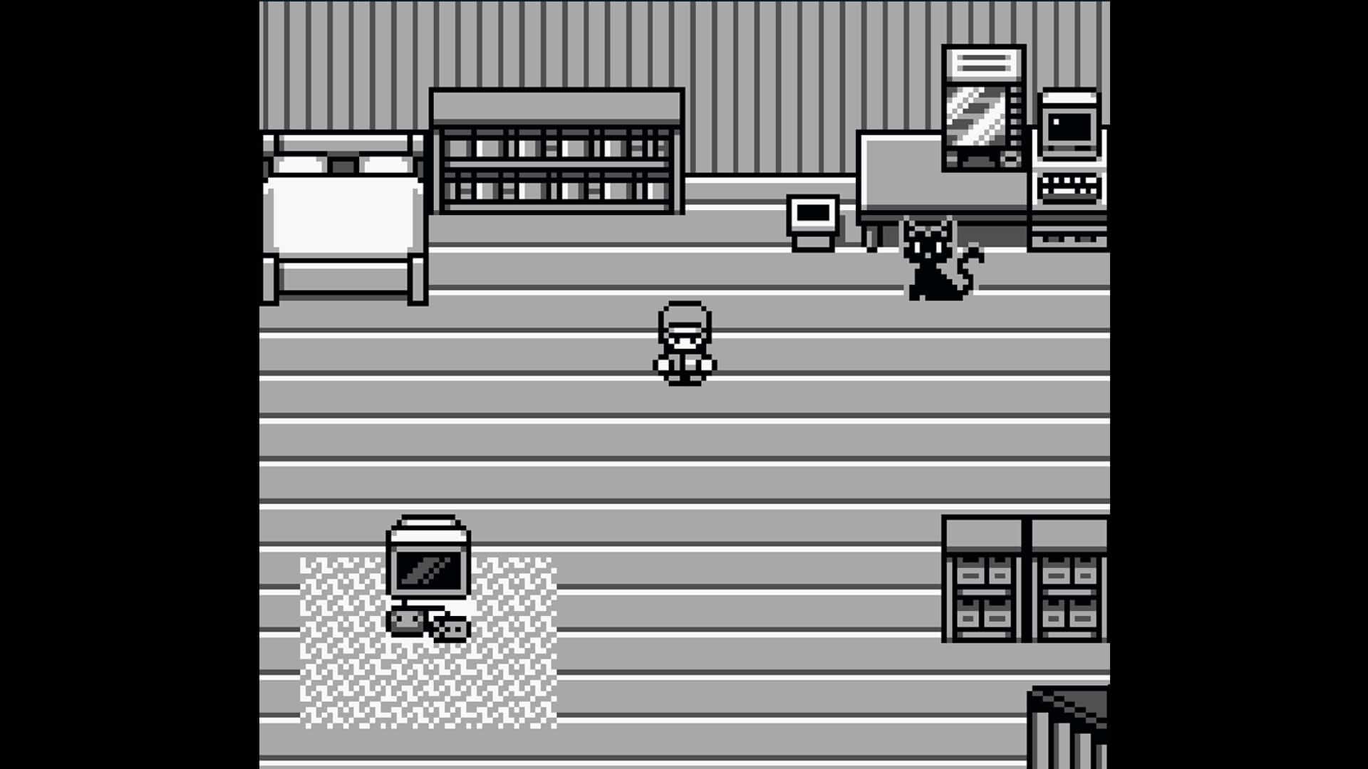 A screenshot of the main character in his bedroom in Encryptid