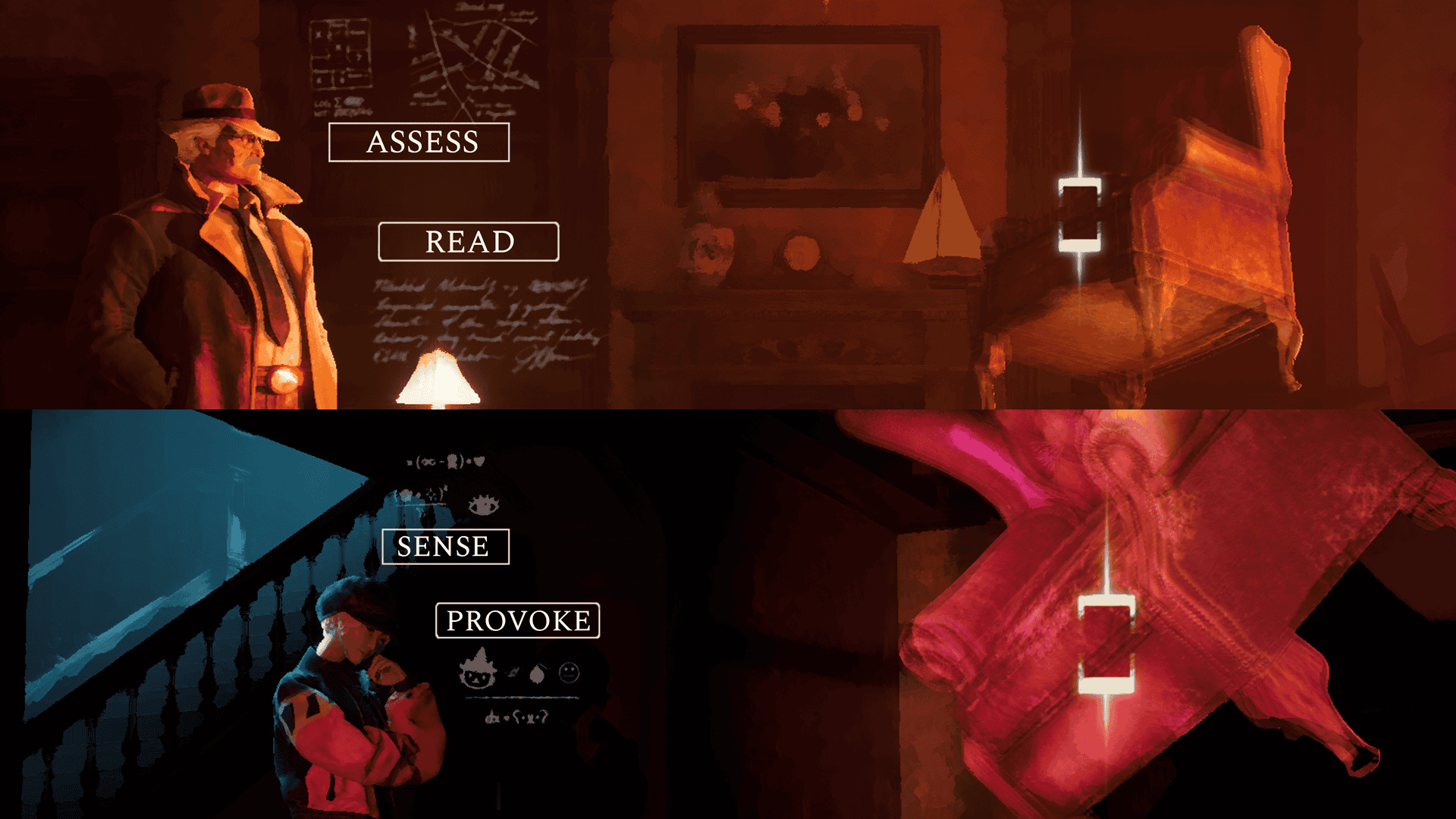 A split-screen showing two characters from the game in two different perspectives of the same location/event (a floating armchair in an old, empty manor). On the top, an older man in a trenchcoat shows the options "Assess" and "read". The bottom half of the screen shows a young person in a cap and windbreaker with the options "Sense" and "Provoke".