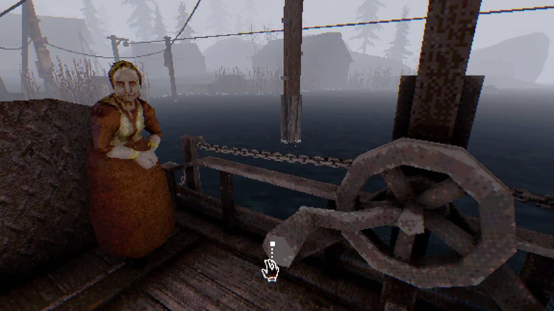 Retro graphics of an old woman and boat wheel.