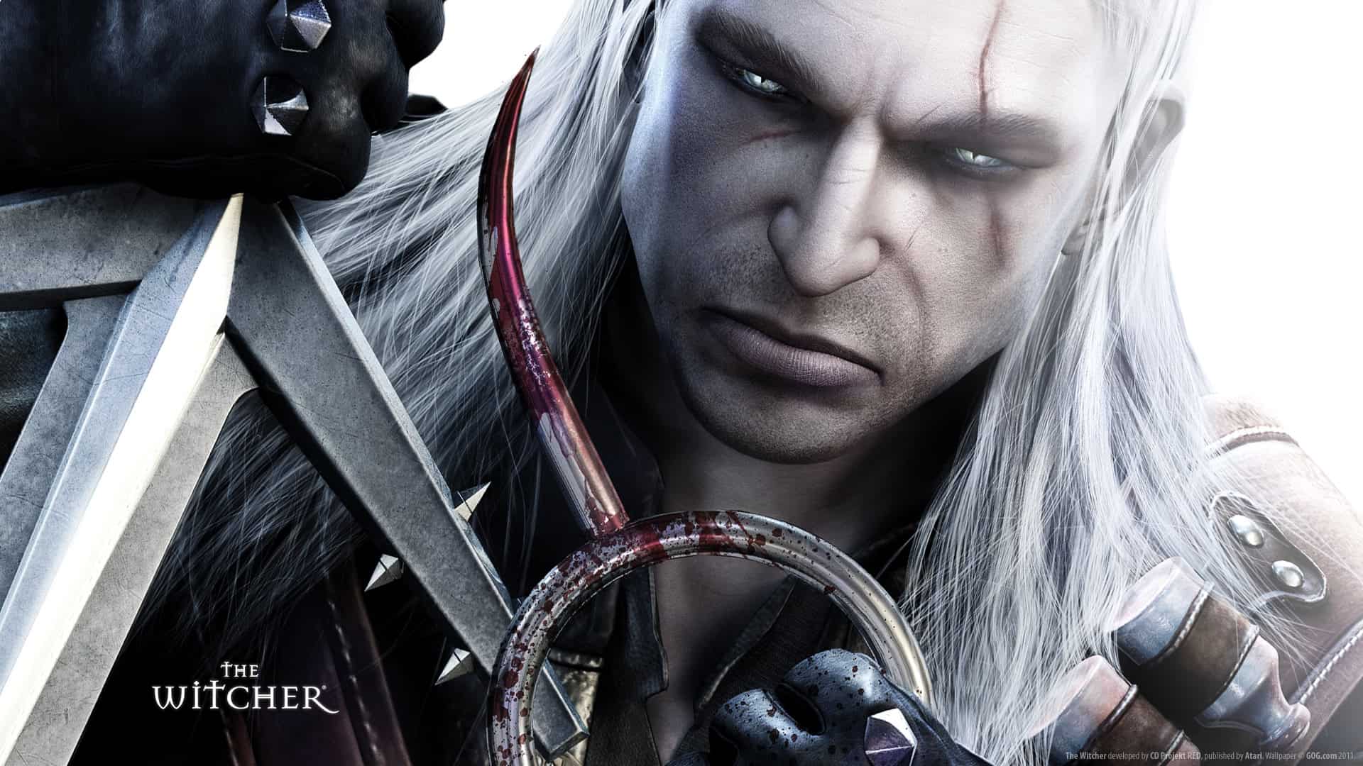 Geralt holding a bloodied spike in Witcher 1