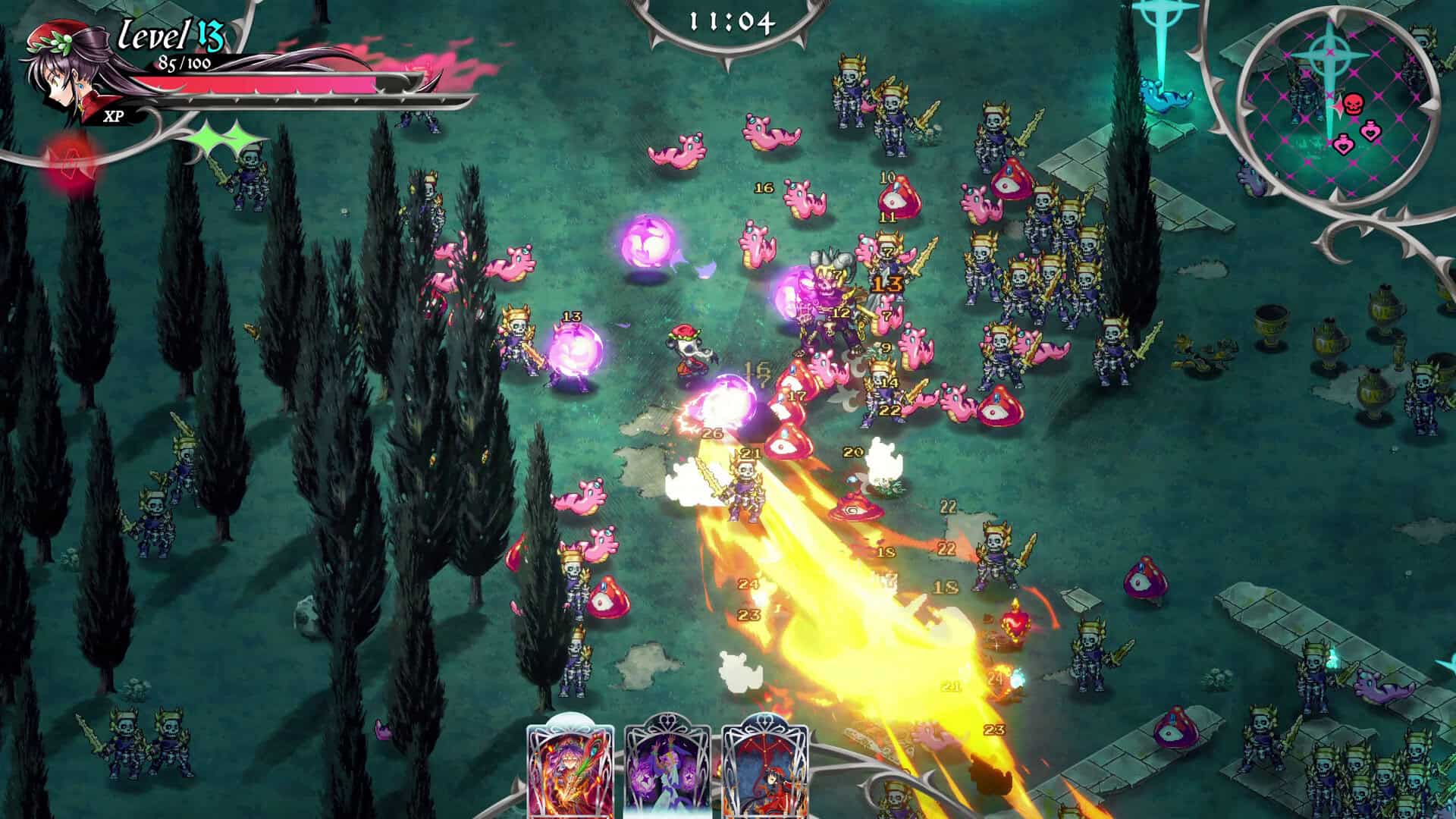 An overhead view of monsters attacking while an anime woman fights them.
