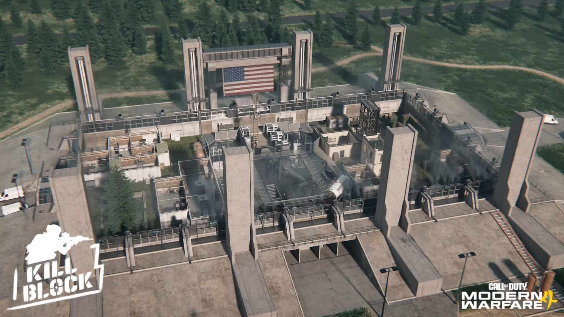 Call of Duty: Modern Warfare 4 kill block map: a secluded, gated-off territory made up of buildings and streets with a U.S. flag over the whole complex